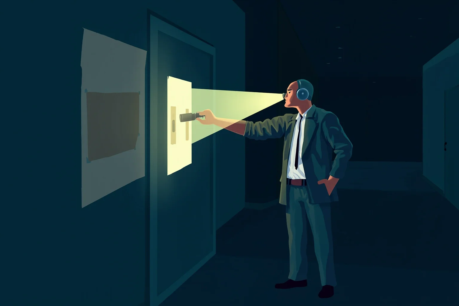 Unsung Heroes History Doesn't Talk About Enough 22 Illustration of a night-shift security guard shining a flashlight on a taped-over door latch in a dim office building hallway