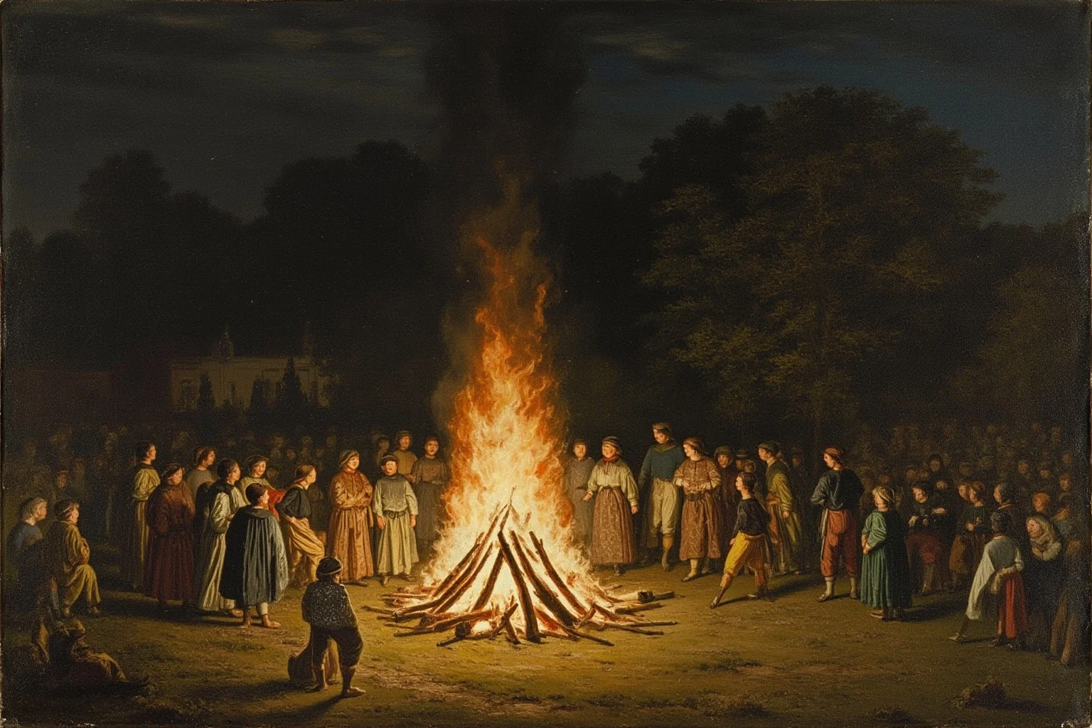 Lord Byron and Lady Caroline Lamb: History's Messiest Love Story 12 Illustration of a nighttime bonfire scene on English countryside estate grounds with figures gathered around the flames