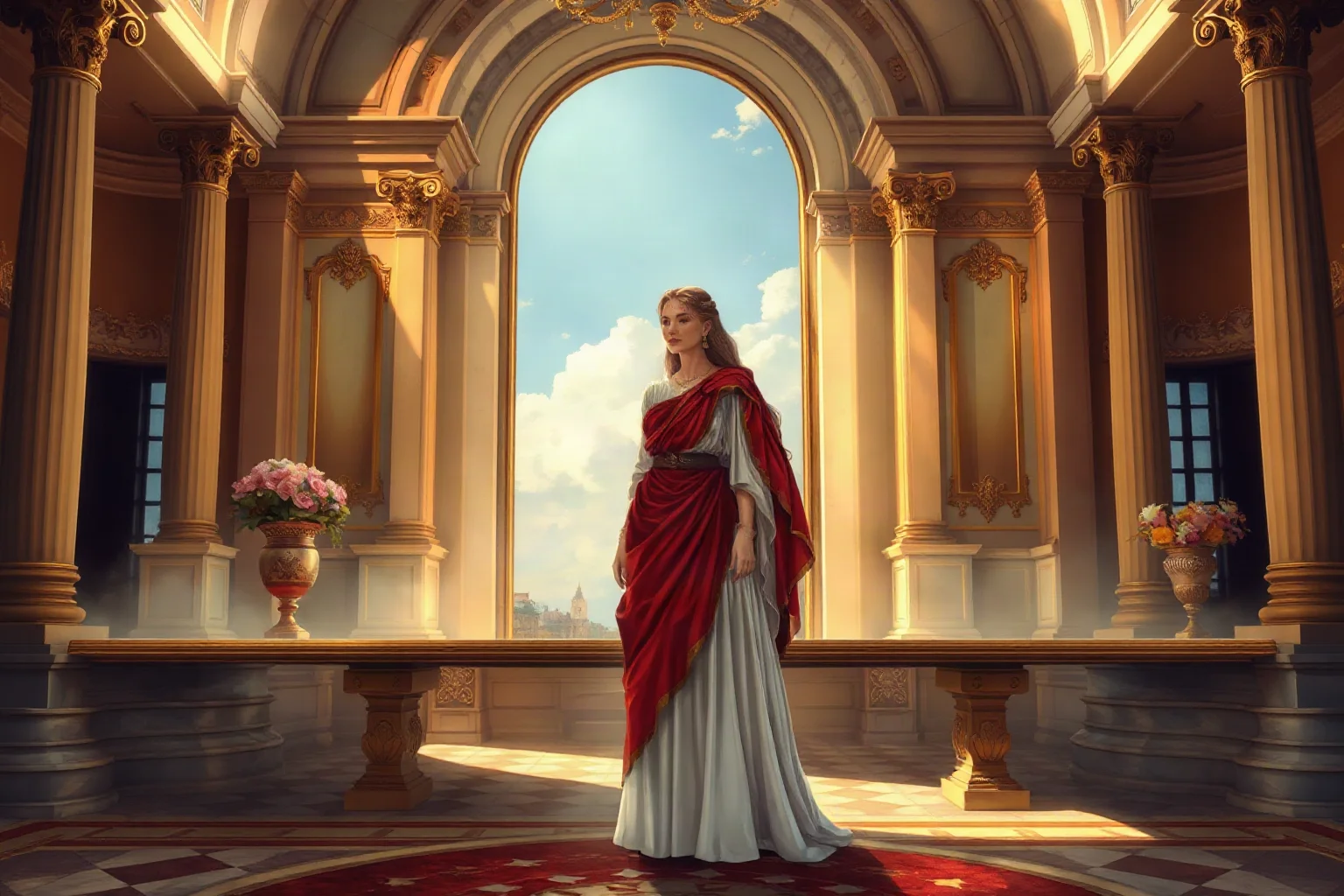 Illustration of a noblewoman in elegant Roman dress standing in an opulent imperial palace room