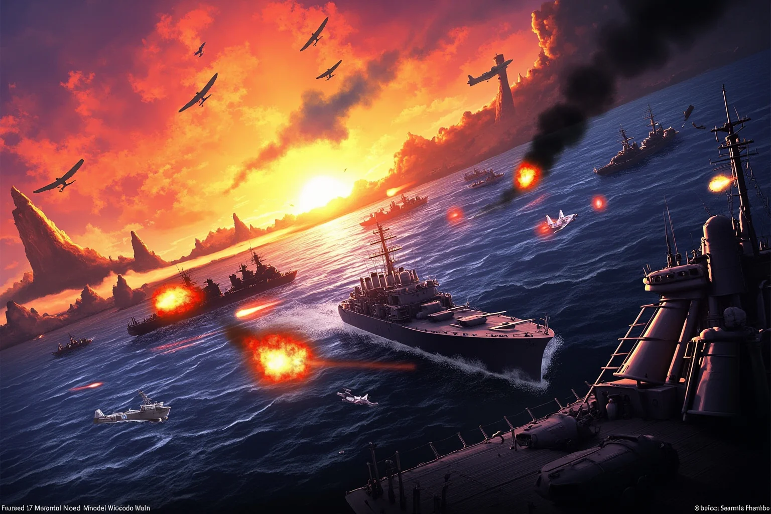 Illustration of a Pacific naval battle scene with warships and aircraft, dramatic sunset lighting