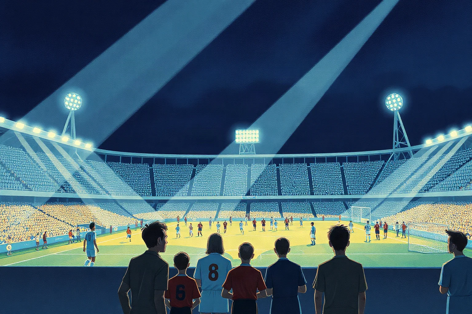 Illustration of a packed 1960s soccer stadium at night with floodlights, generic uniforms