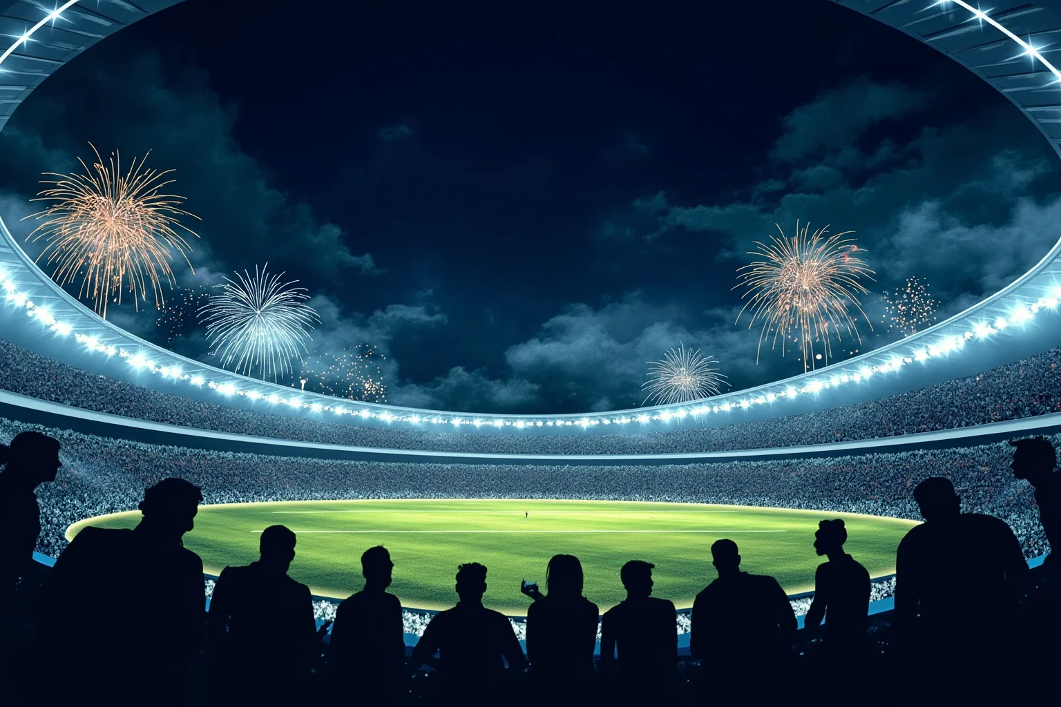 Illustration of a packed modern stadium at night with fireworks, generic athletes silhouetted, no real people