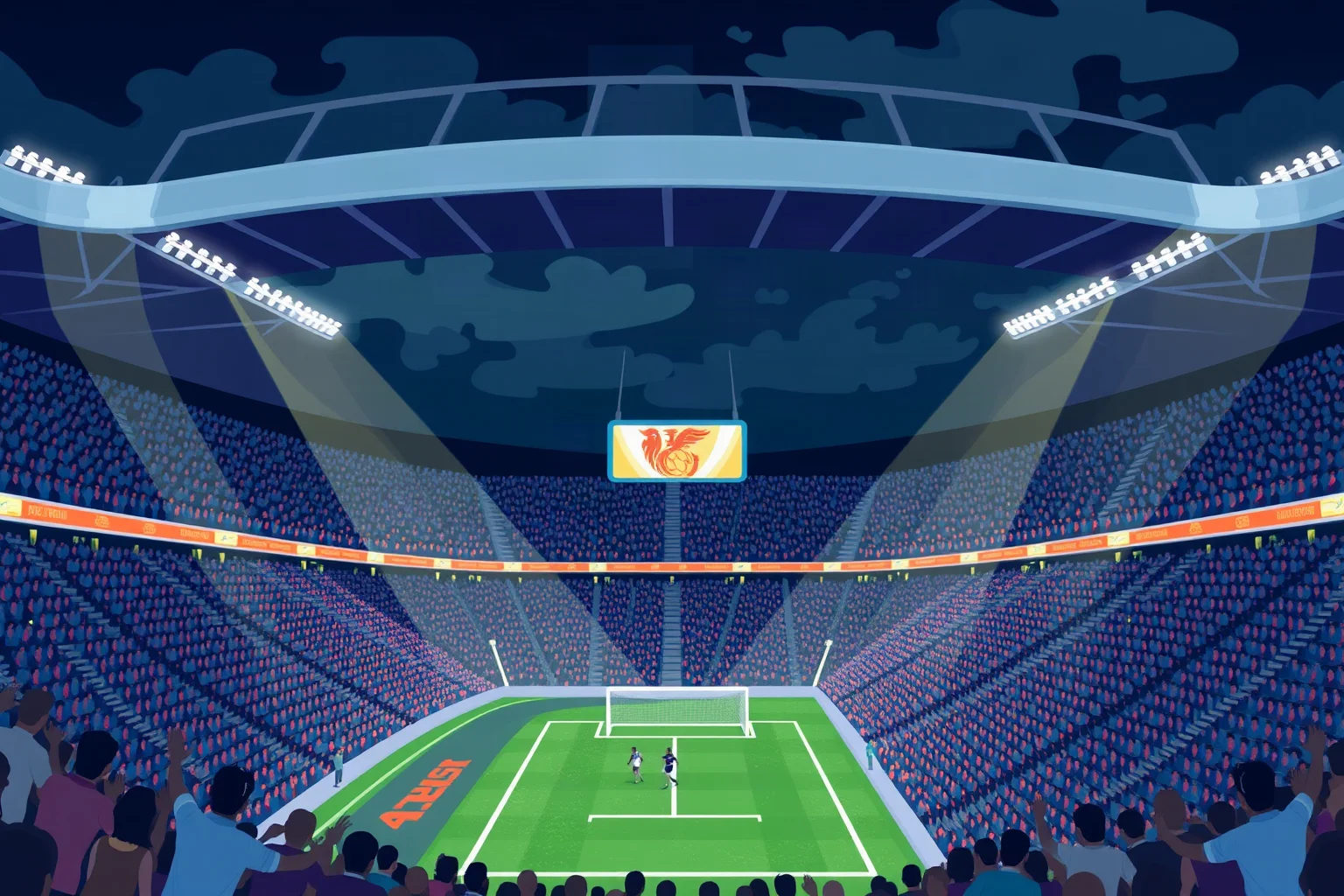 Illustration of a packed neutral stadium at night for a decisive soccer playoff match
