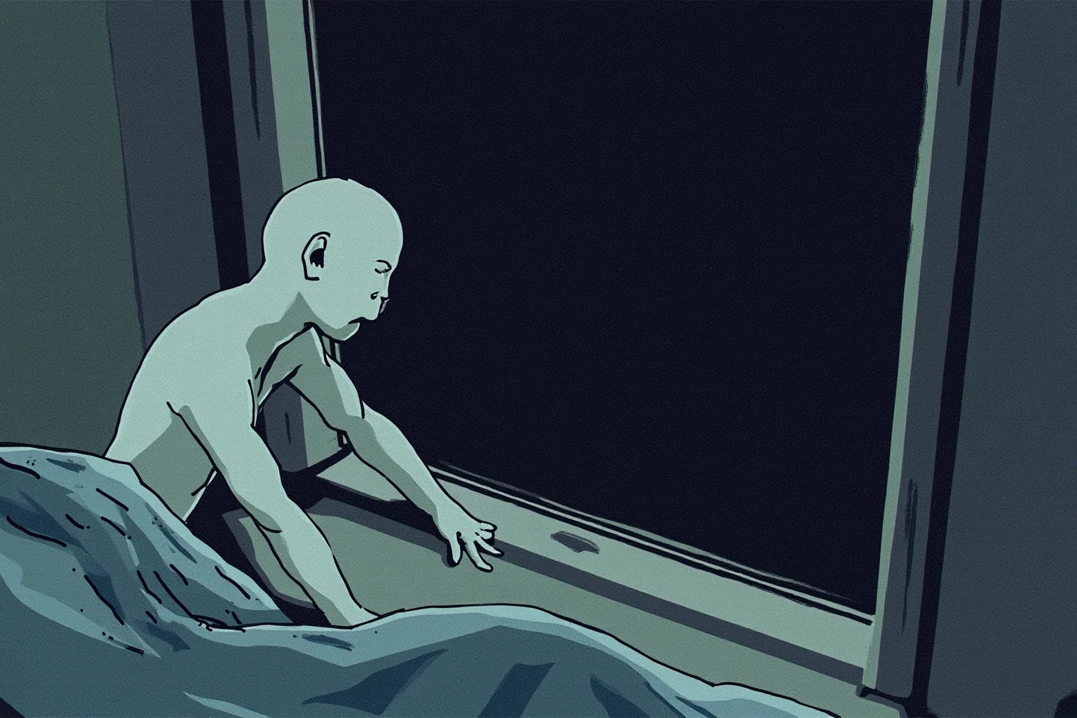 Illustration of a pale, hairless crouching humanoid figure near a sleeping child's bedroom window