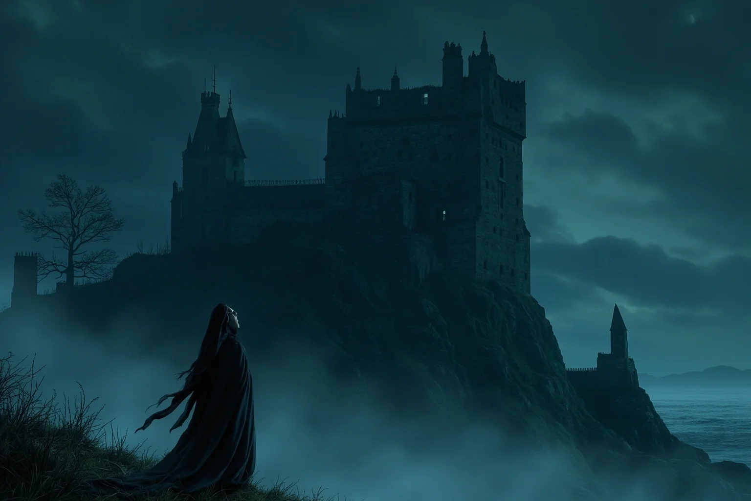 Illustration of a pale woman in flowing robes wailing near a mist-covered Irish castle at night
