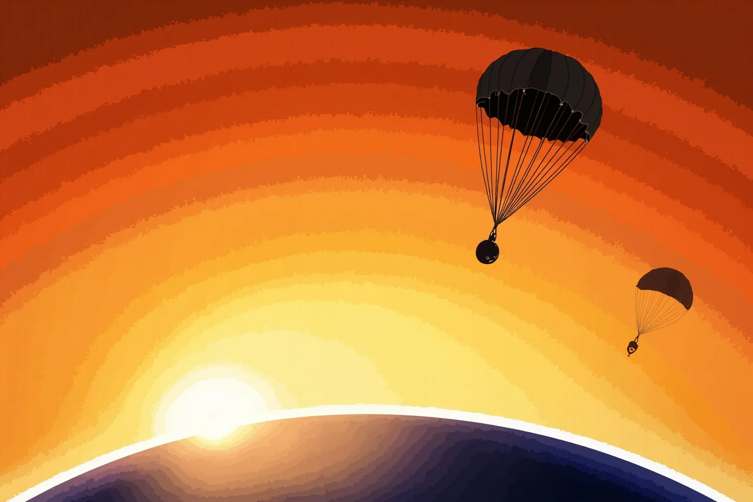 Facts About The Space Race: 25 Things Everyone Gets Wrong (or Right) 13 Illustration of a parachute and capsule descending toward Earth against a orange sunset sky, non-graphic