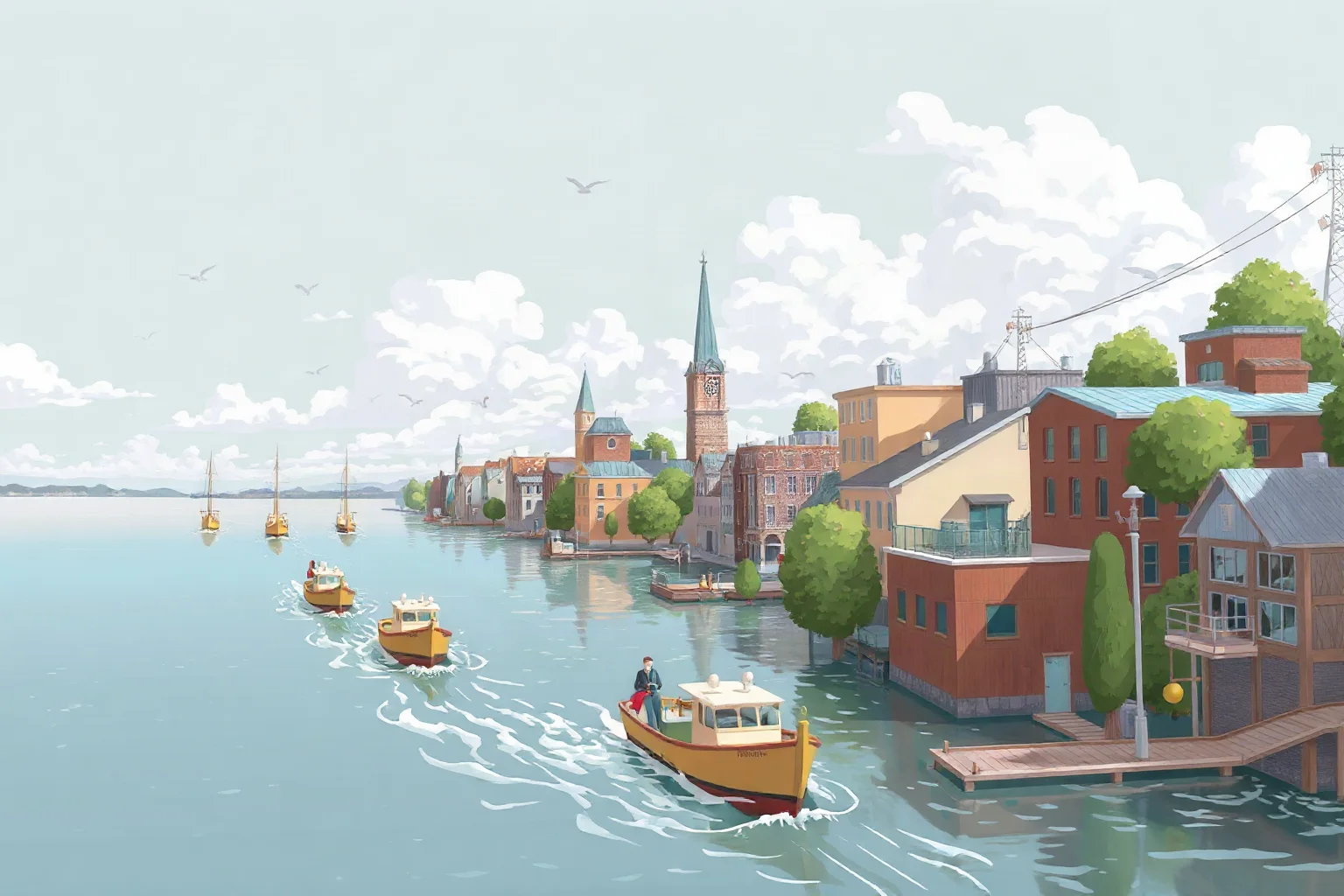 Illustration of a partially submerged riverside city with boats moving between buildings