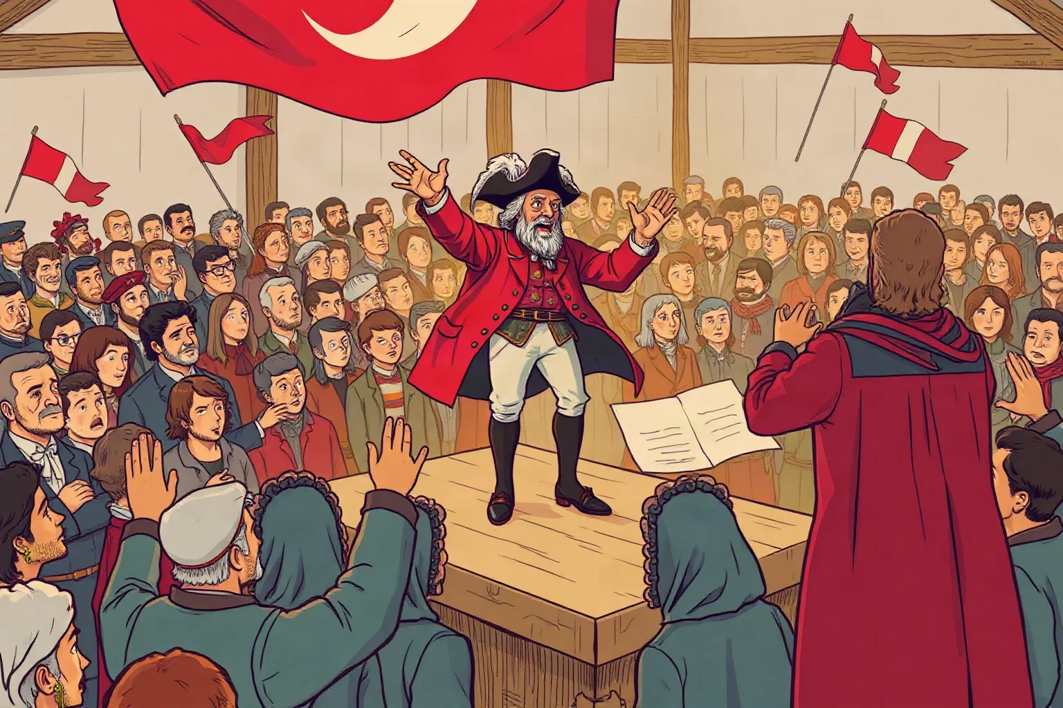 Illustration of a passionate 18th-century French revolutionary speaker standing on a wooden platform before a large crowd