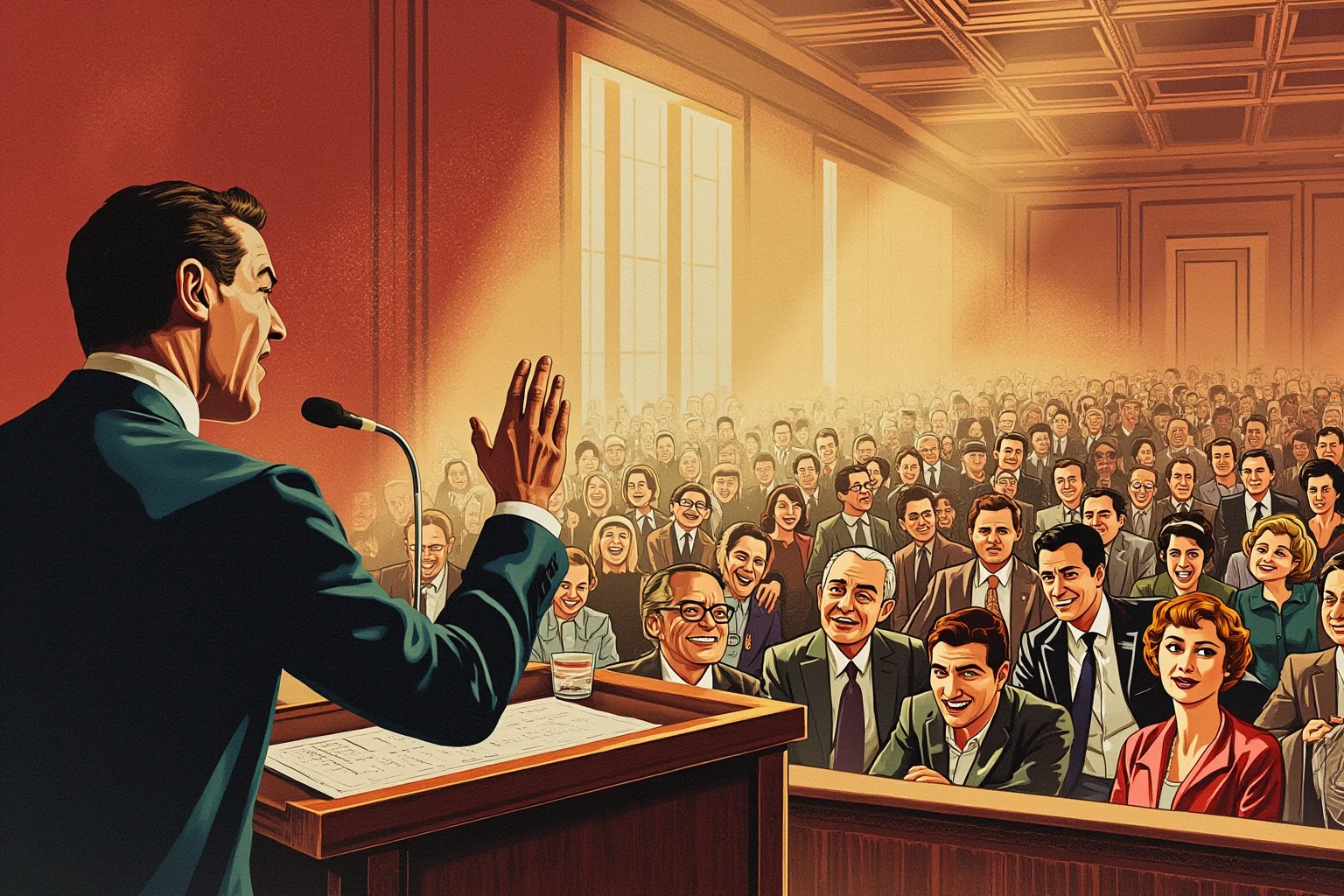 24 Historical Figures Who Became Martyrs for Their Cause 18 Illustration of a passionate speaker at a podium addressing a crowd in a 1960s ballroom