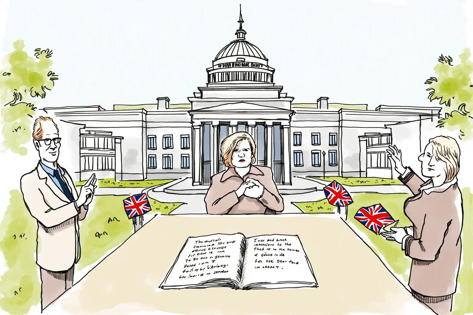 Illustration of a peace agreement signing in a modern government building, generic figures, subtle Irish and British motifs