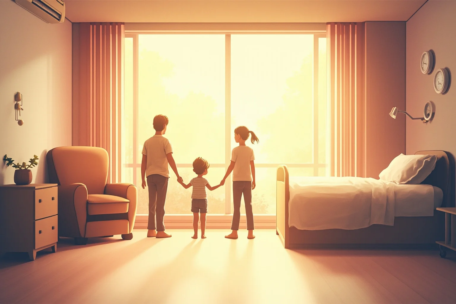 Illustration of a peaceful modern hospital room bathed in soft warm light, family silhouettes near the window, gentle atmosphere