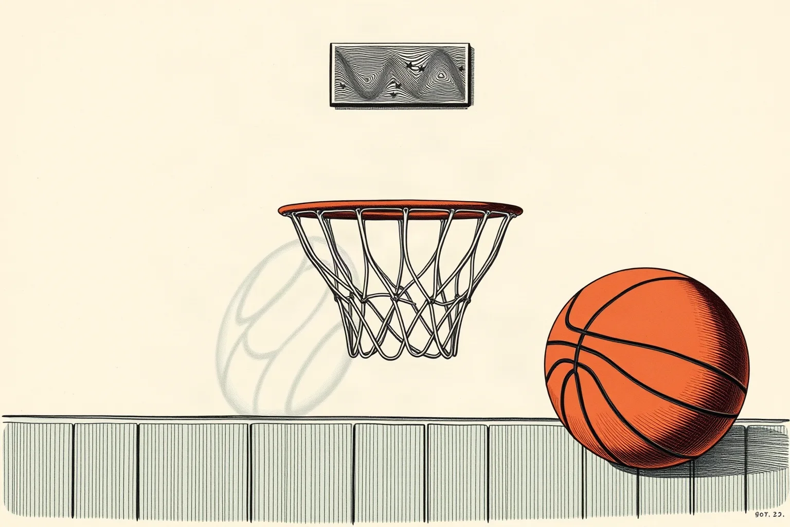 Illustration of a peach basket mounted on a gymnasium wall with a vintage leather ball nearby, early 1890s sports illustration style