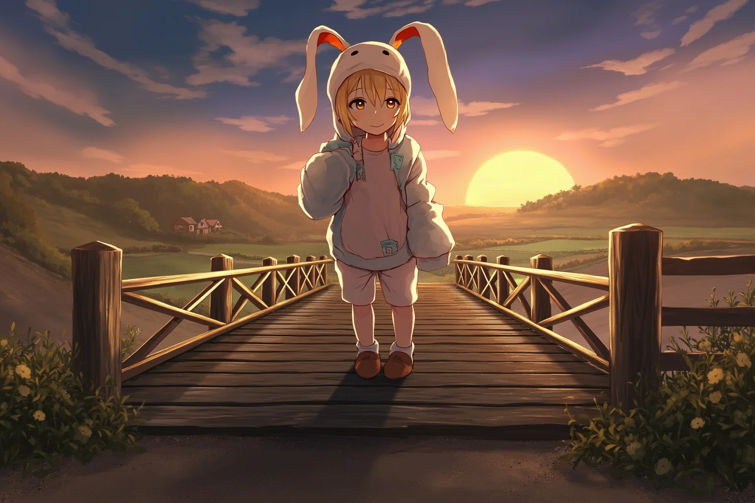 Illustration of a person in a worn rabbit costume standing on a rural bridge at dusk