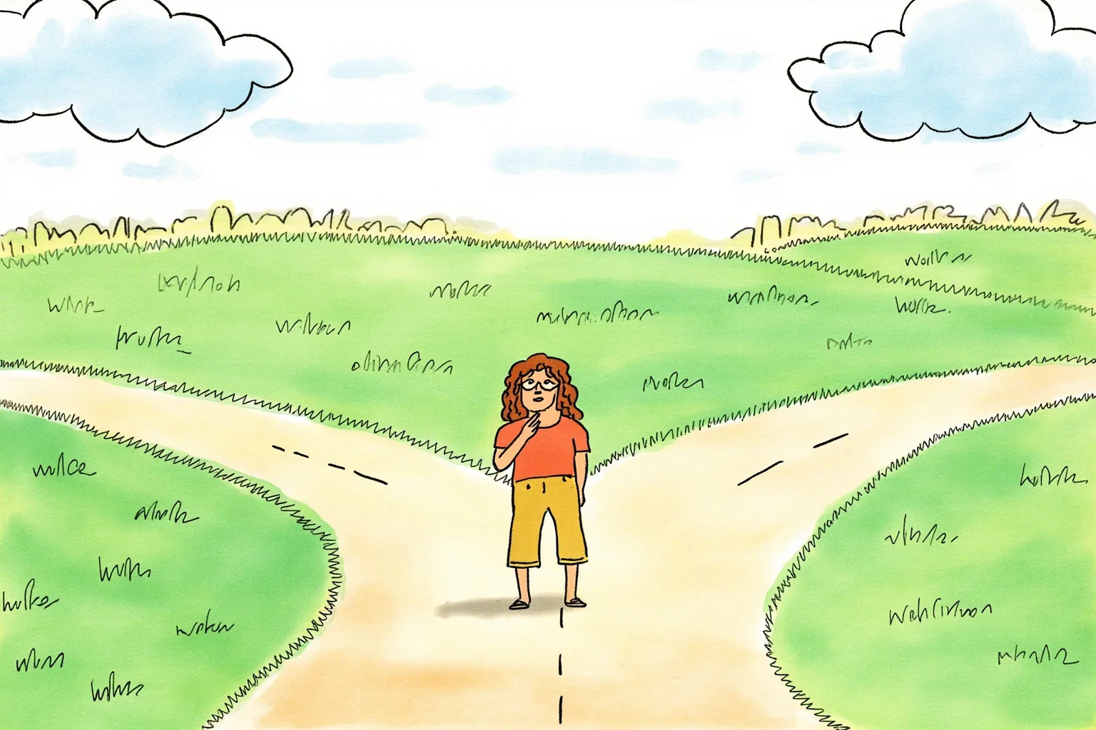 26 Famous Mark Twain Quotes (And the Ones He Never Actually Said) 22 Illustration of a person standing at a fork in the road looking back with mild regret, greeting-card style