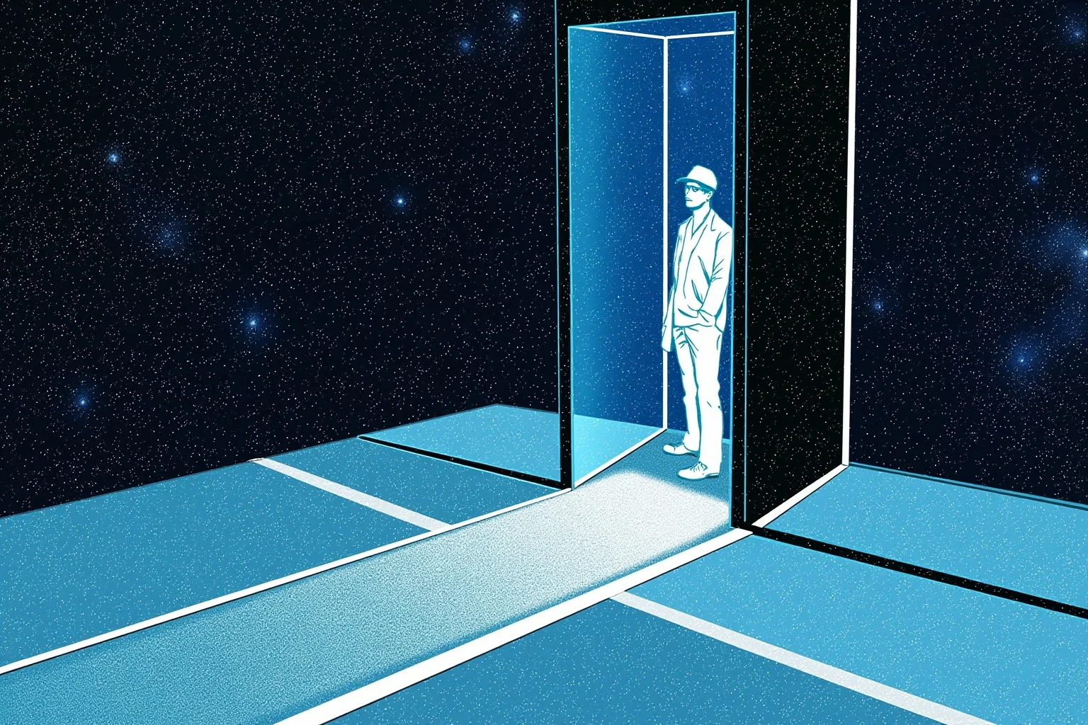 Illustration of a person standing inside a sealed elevator in starry space, floor pressing upward