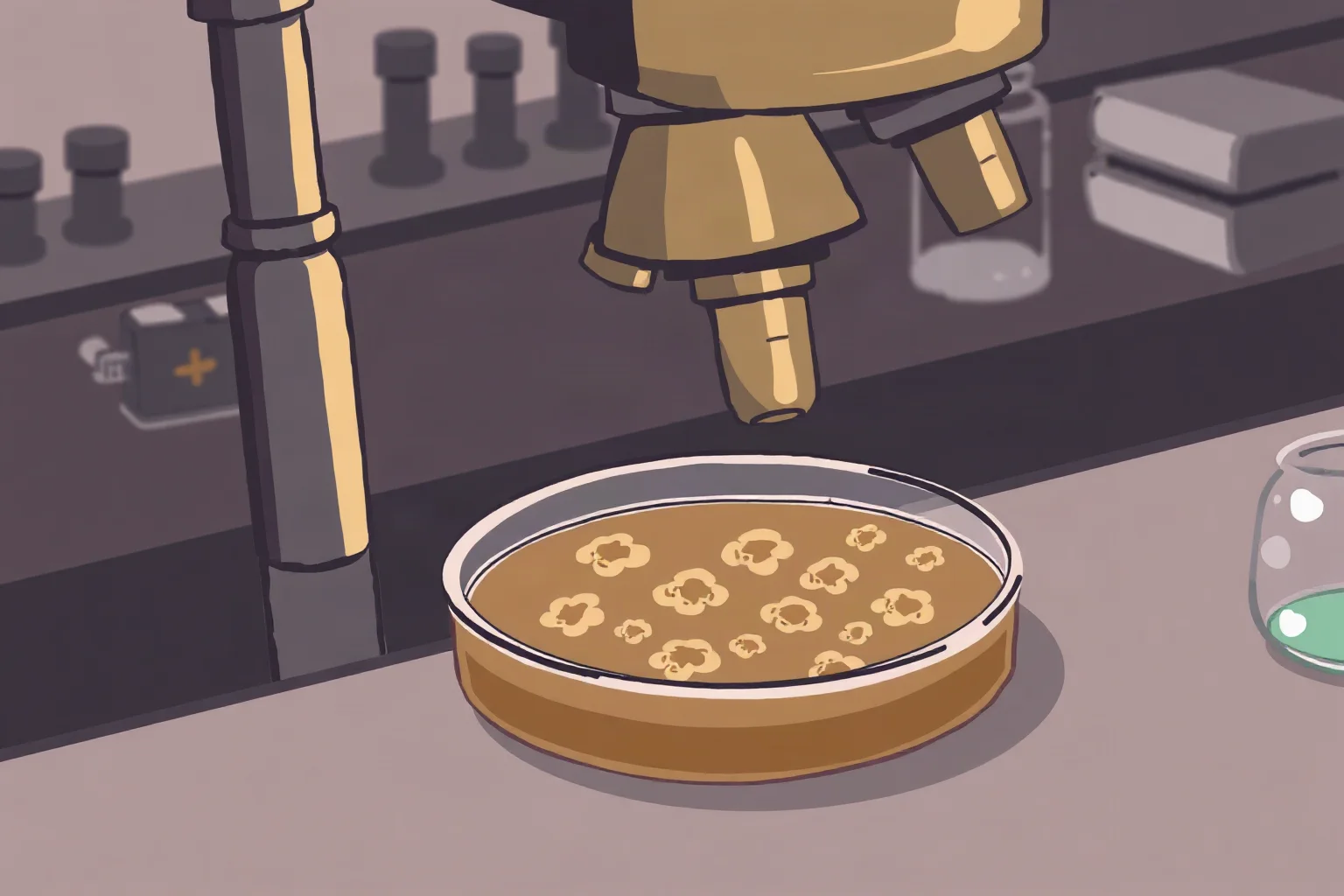 Illustration of a petri dish with mold spots under a vintage brass microscope in a laboratory