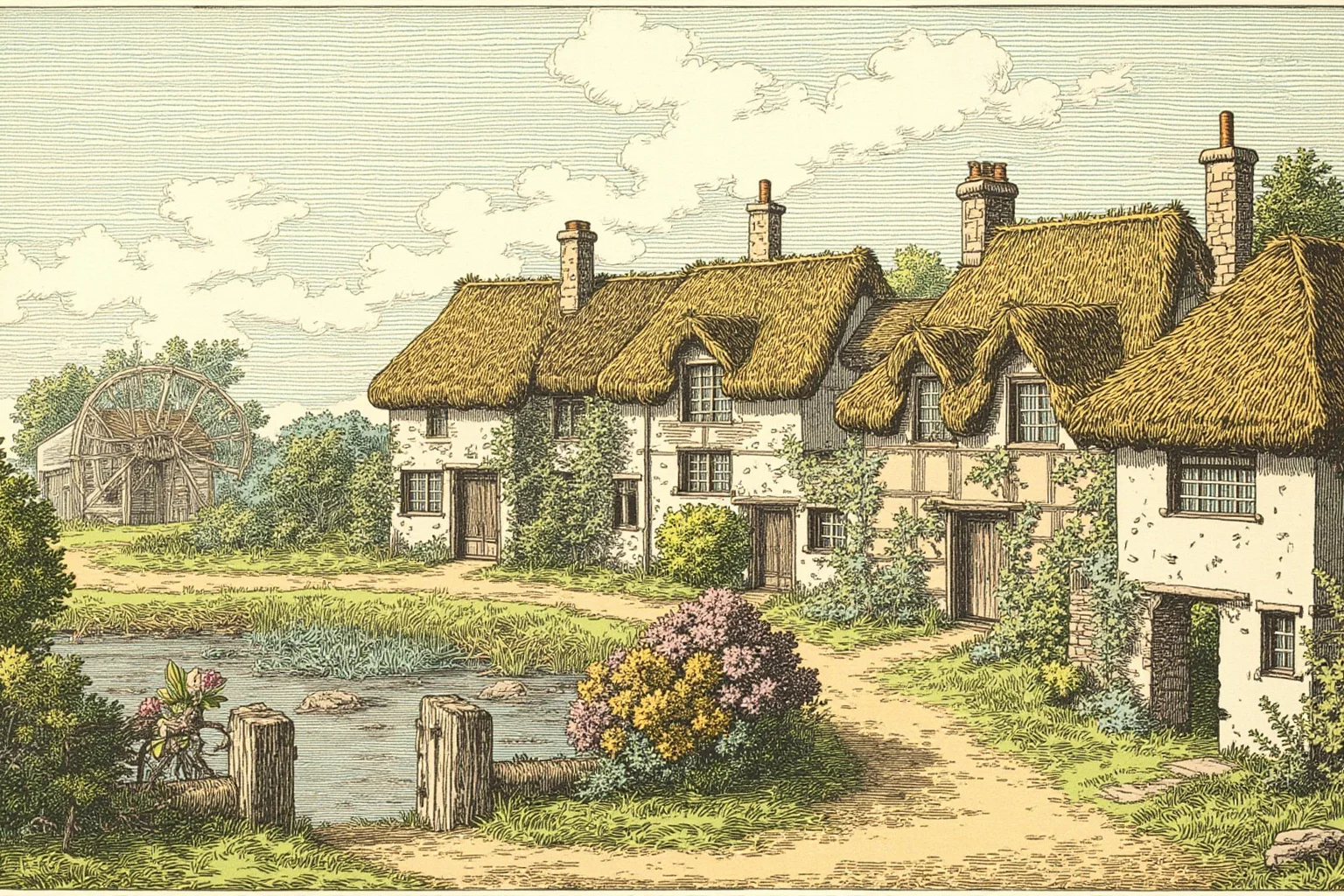Surprising Facts About Marie Antoinette (And 10 Misconceptions) 8 Illustration of a picturesque rustic thatched-roof hamlet with a mill and dairy cottages in a French garden setting