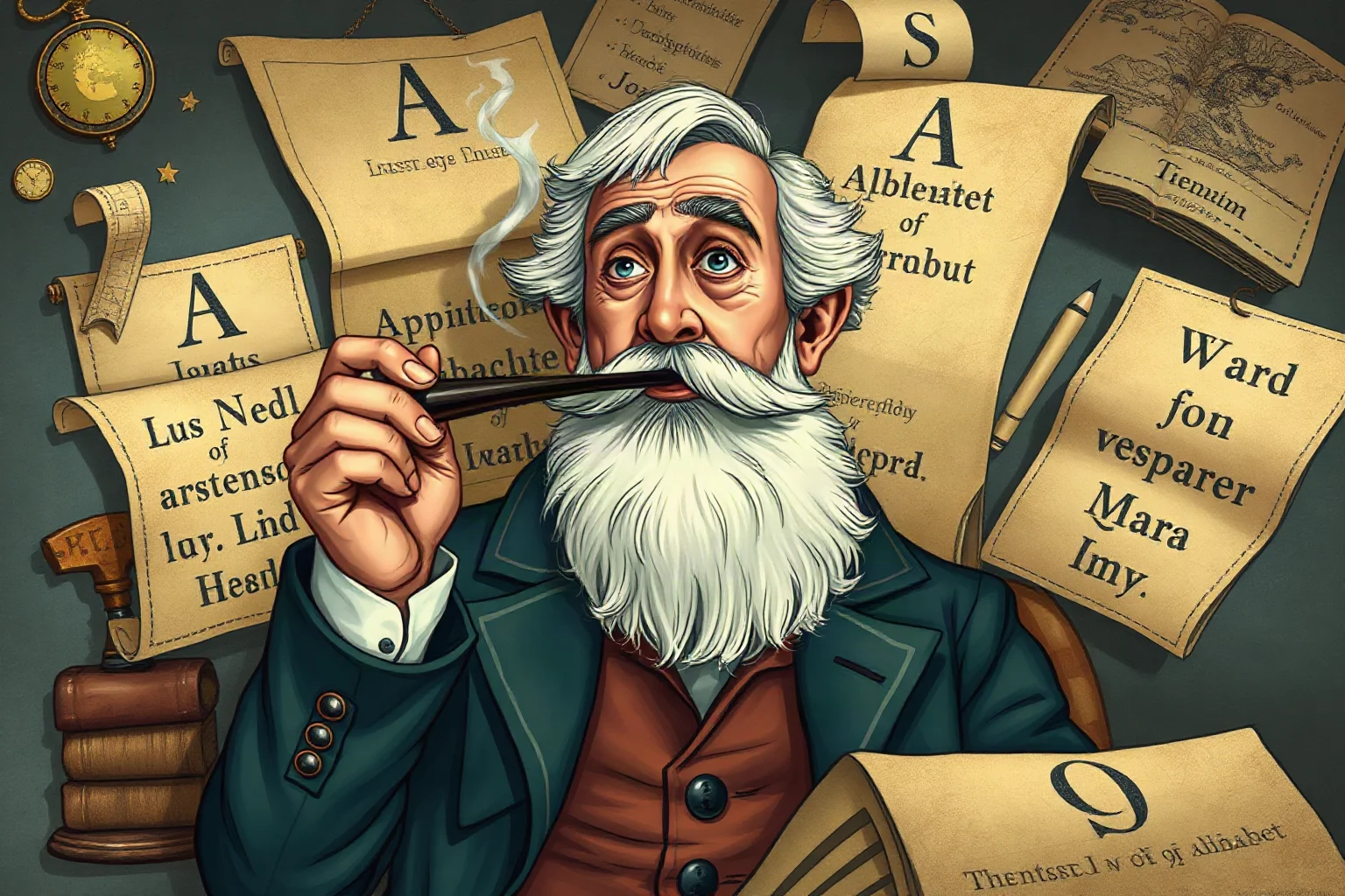 Illustration of a pipe-smoking Oxford professor surrounded by maps and invented alphabets, evoking fantasy world-building
