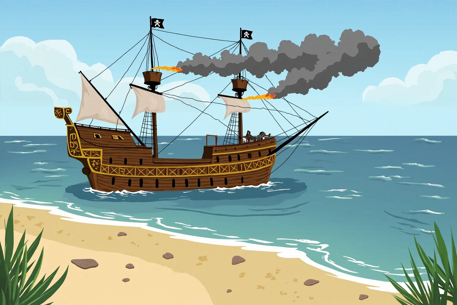 Lost At Sea: 20 Most Famous Shipwrecks in History 12 Illustration of a pirate flagship with cannons firing, running aground near a sandy inlet coastline