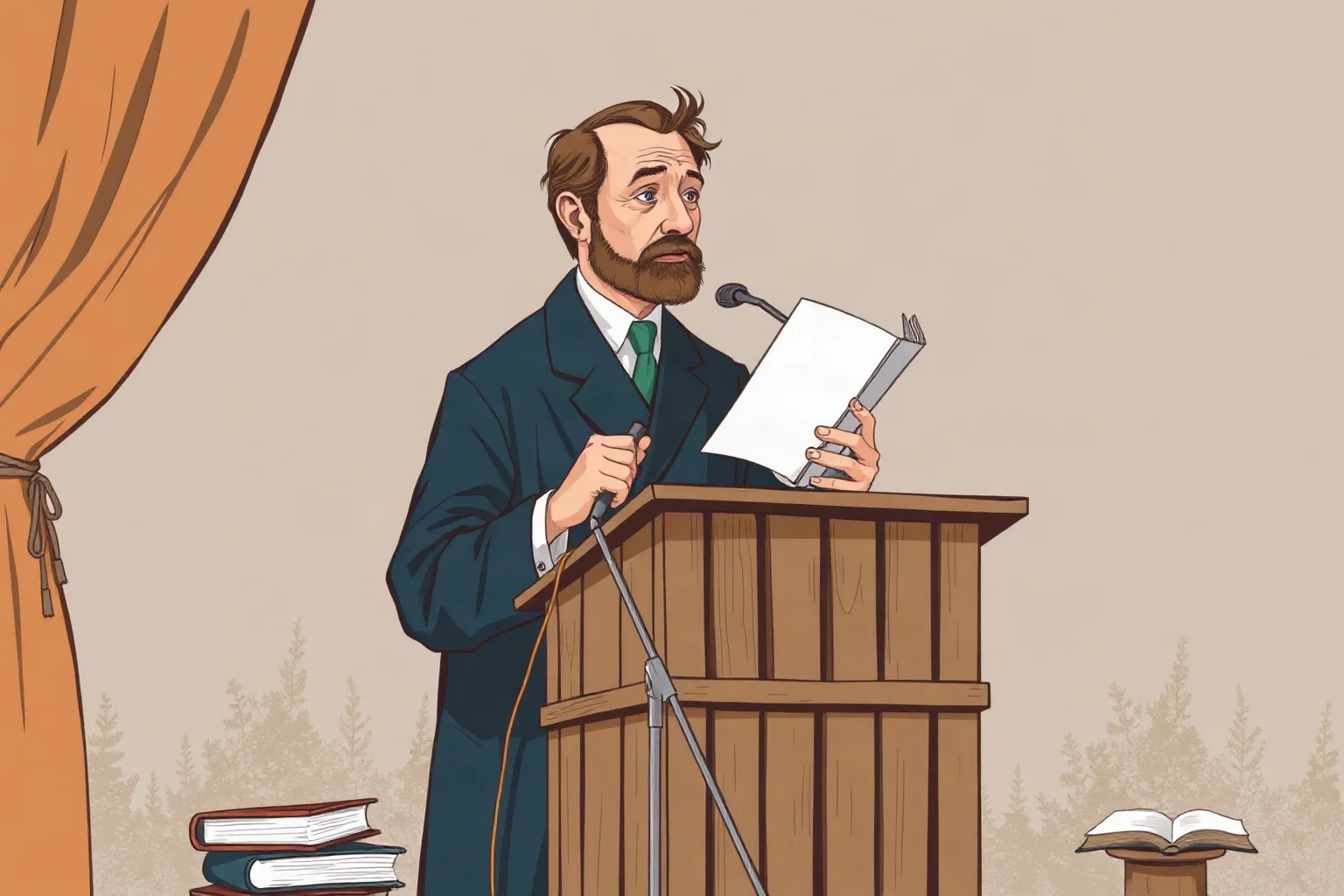 Illustration of a poet standing at a podium with a book in hand, evoking a historic public poetry reading