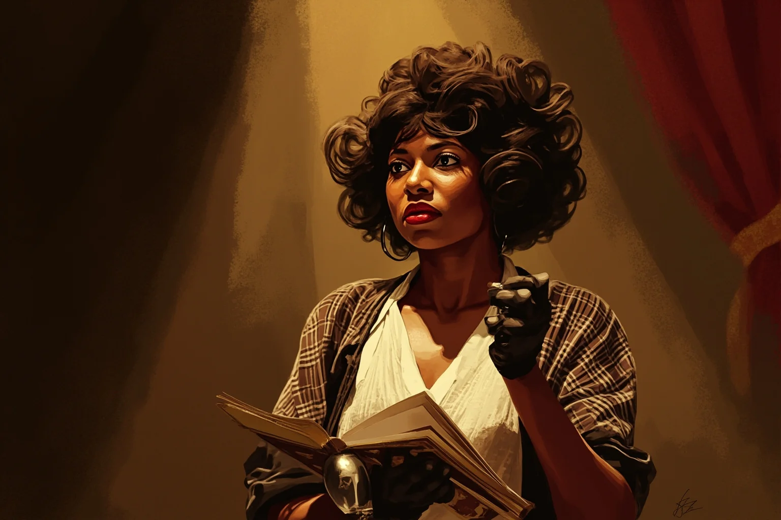 Illustration of a poised 1920s Black stage actress rehearsing lines in a Broadway theater, soft warm backstage lighting
