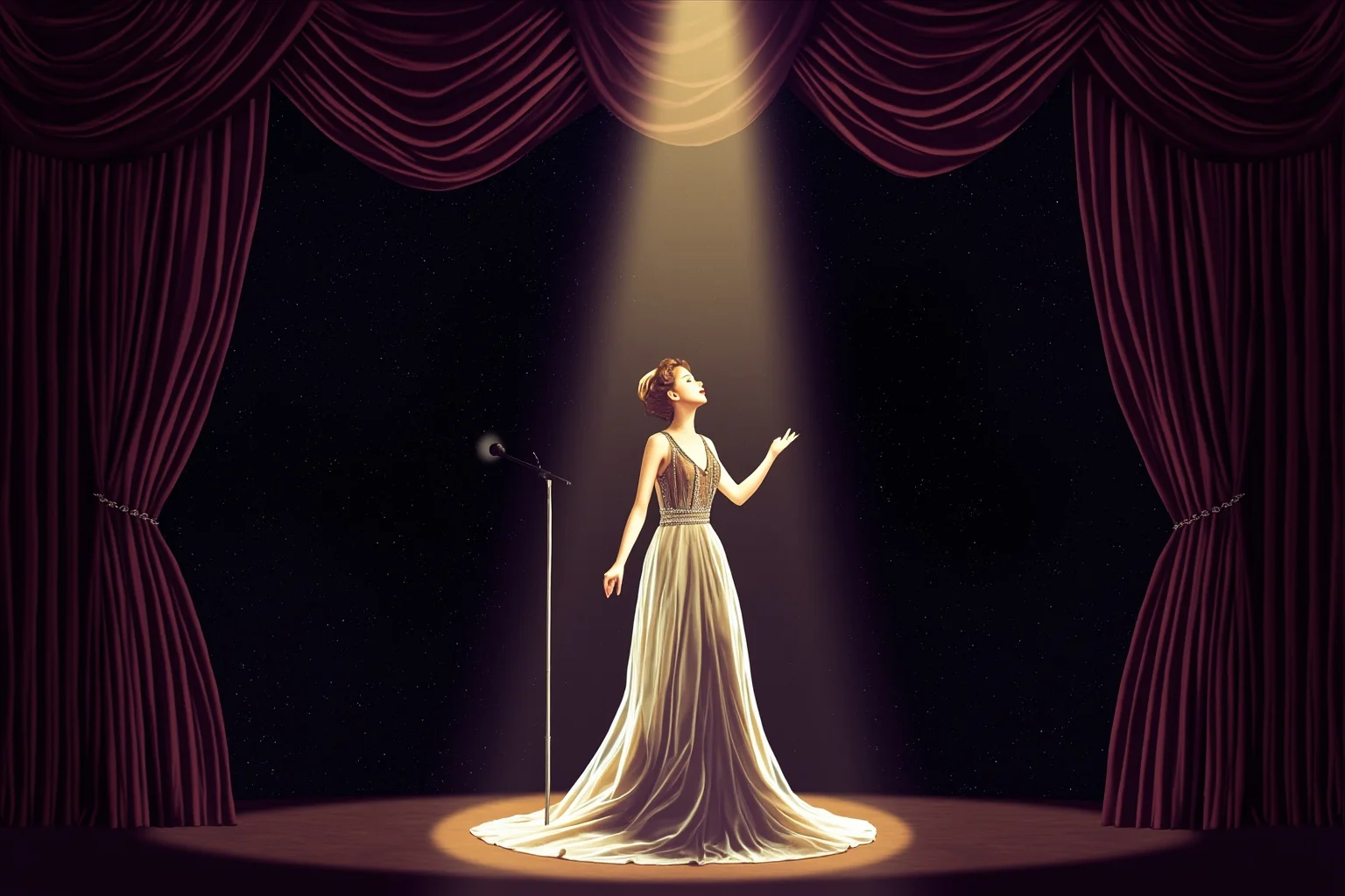 Illustration of a poised Broadway singer performing under a single spotlight on a grand theater stage, elegant gown