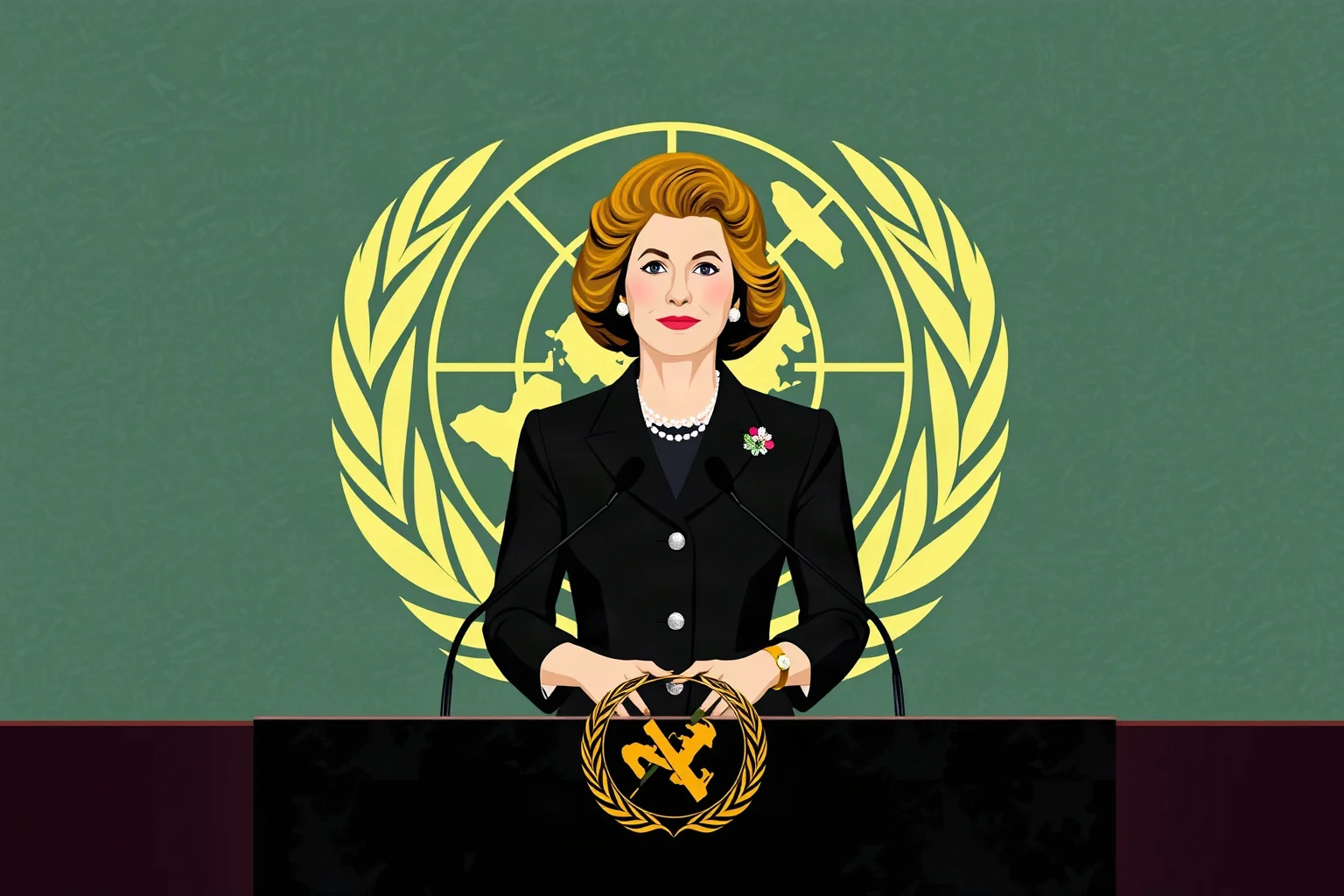 Illustration of a poised mid-20th-century American first lady at a podium before a United Nations assembly backdrop