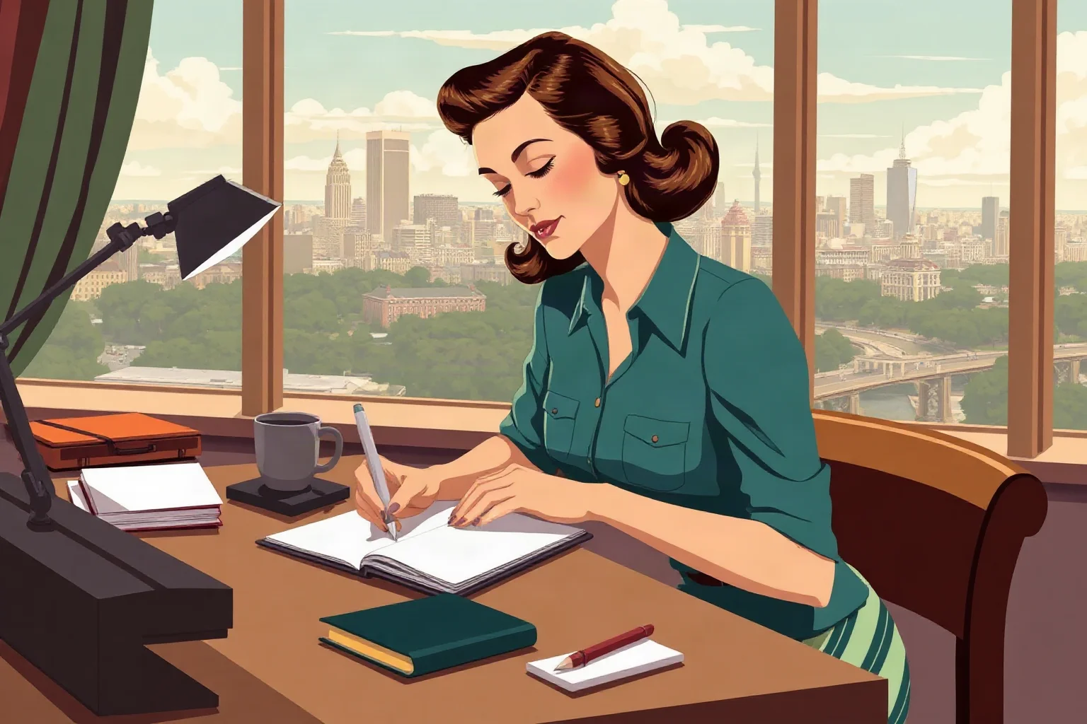 Illustration of a poised mid-century woman writing at a desk near a window overlooking a city