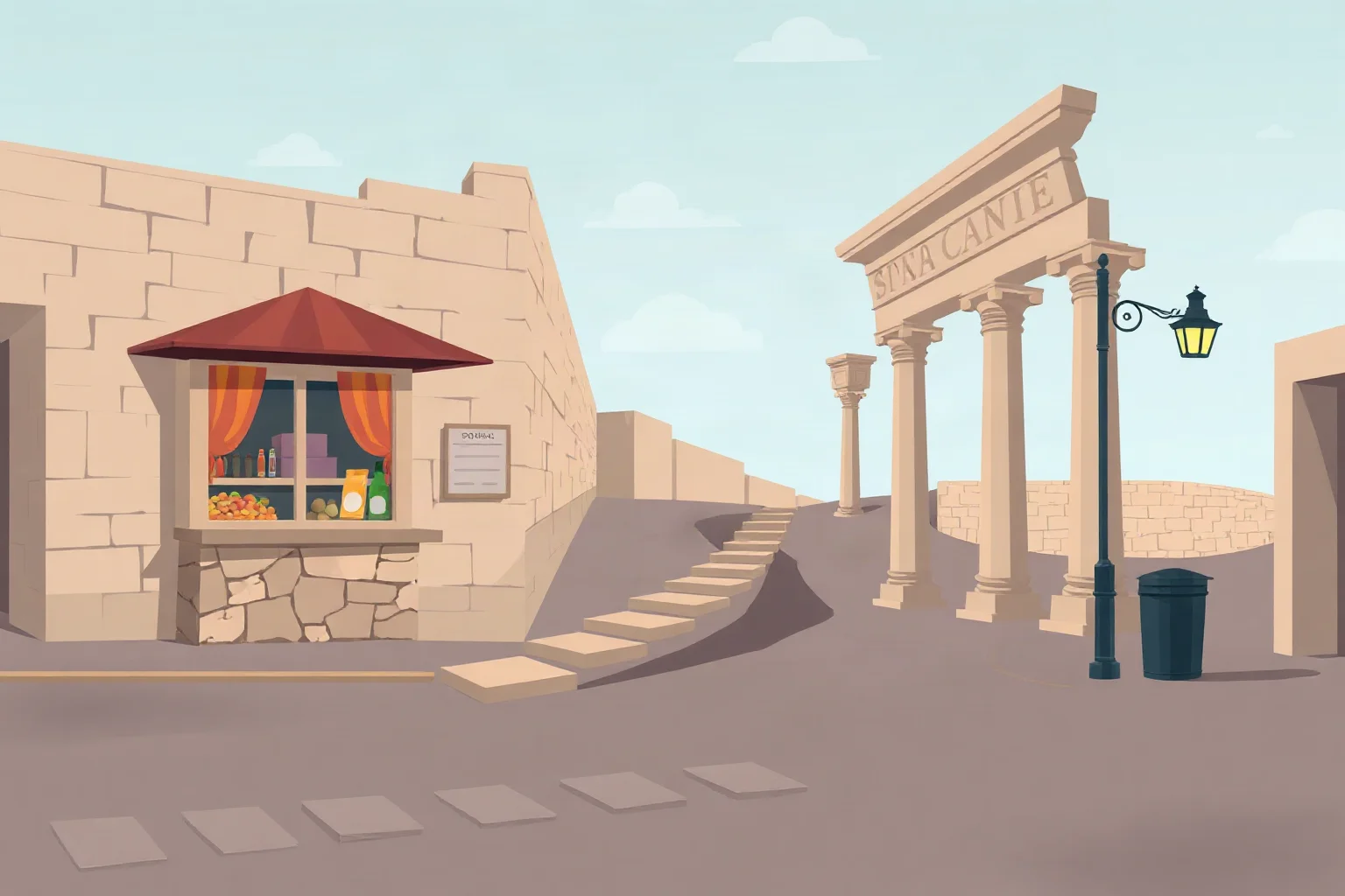 Illustration of a Pompeii street scene with a stone snack counter and stepping-stone crossing