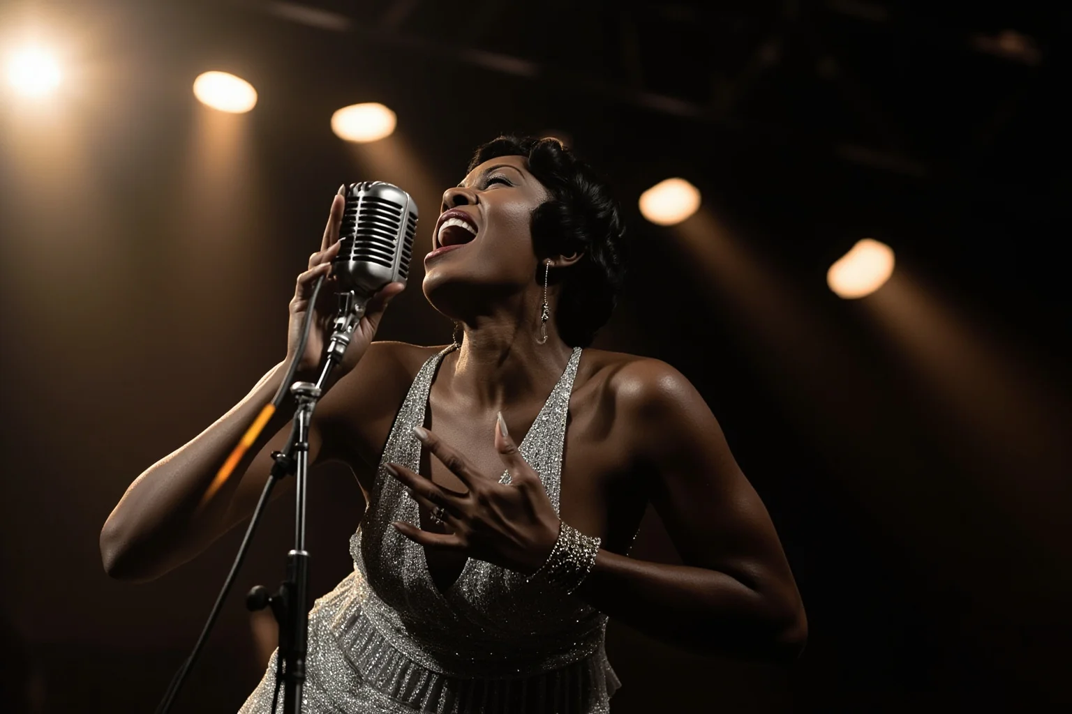 Illustration of a powerful 1920s Black female blues singer performing into a vintage microphone, dramatic stage lighting, elegant dress