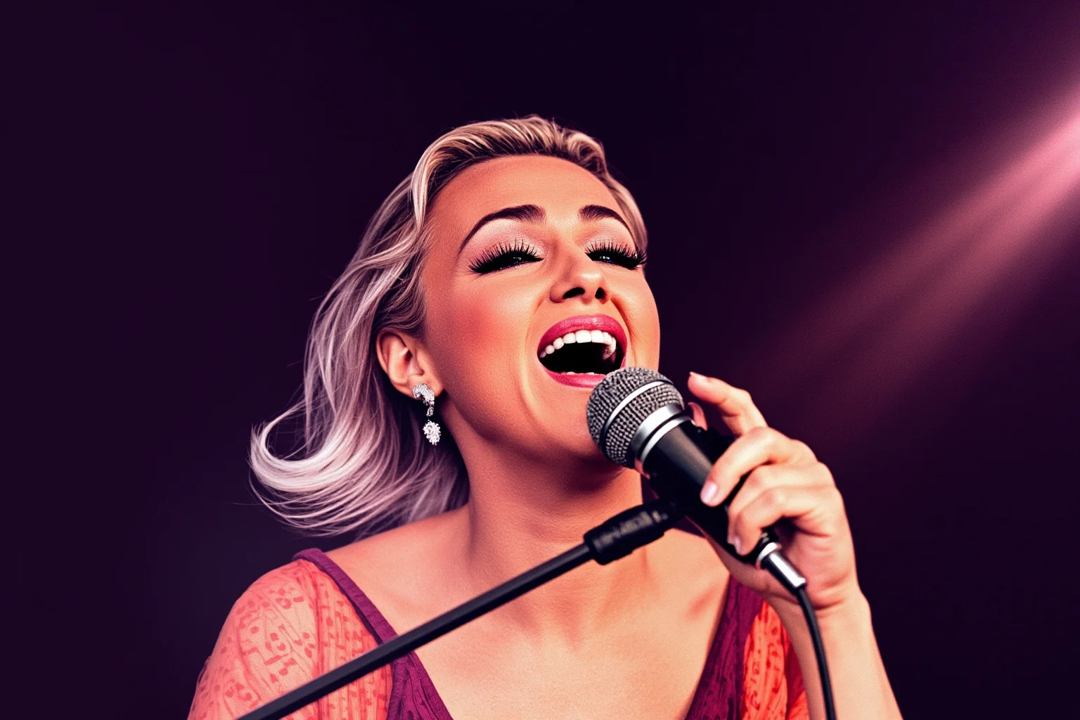 Illustration of a powerful 1990s pop vocalist singing emotionally into a microphone under a soft spotlight