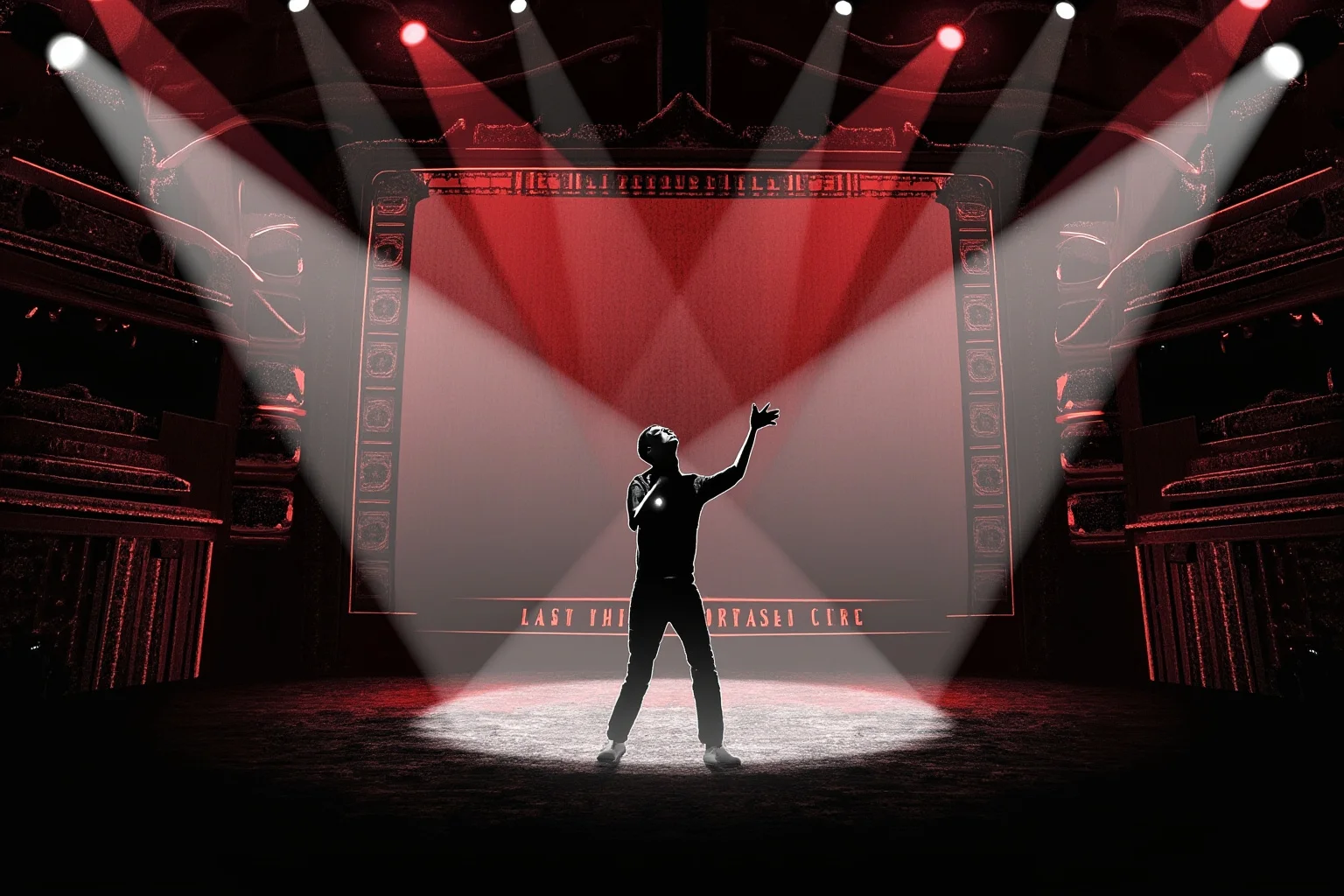 Illustration of a powerful vocalist performing an emotional ballad on a grand Las Vegas-style stage with dramatic lighting
