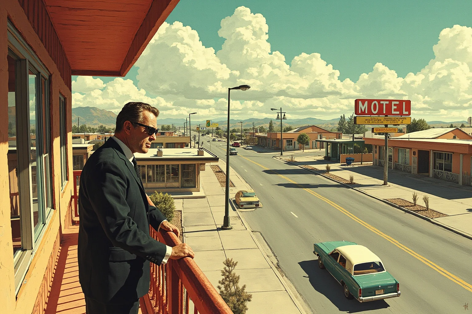 24 Historical Figures Who Became Martyrs for Their Cause 16 Illustration of a preacher in a suit standing on a motel balcony overlooking a 1960s American city street