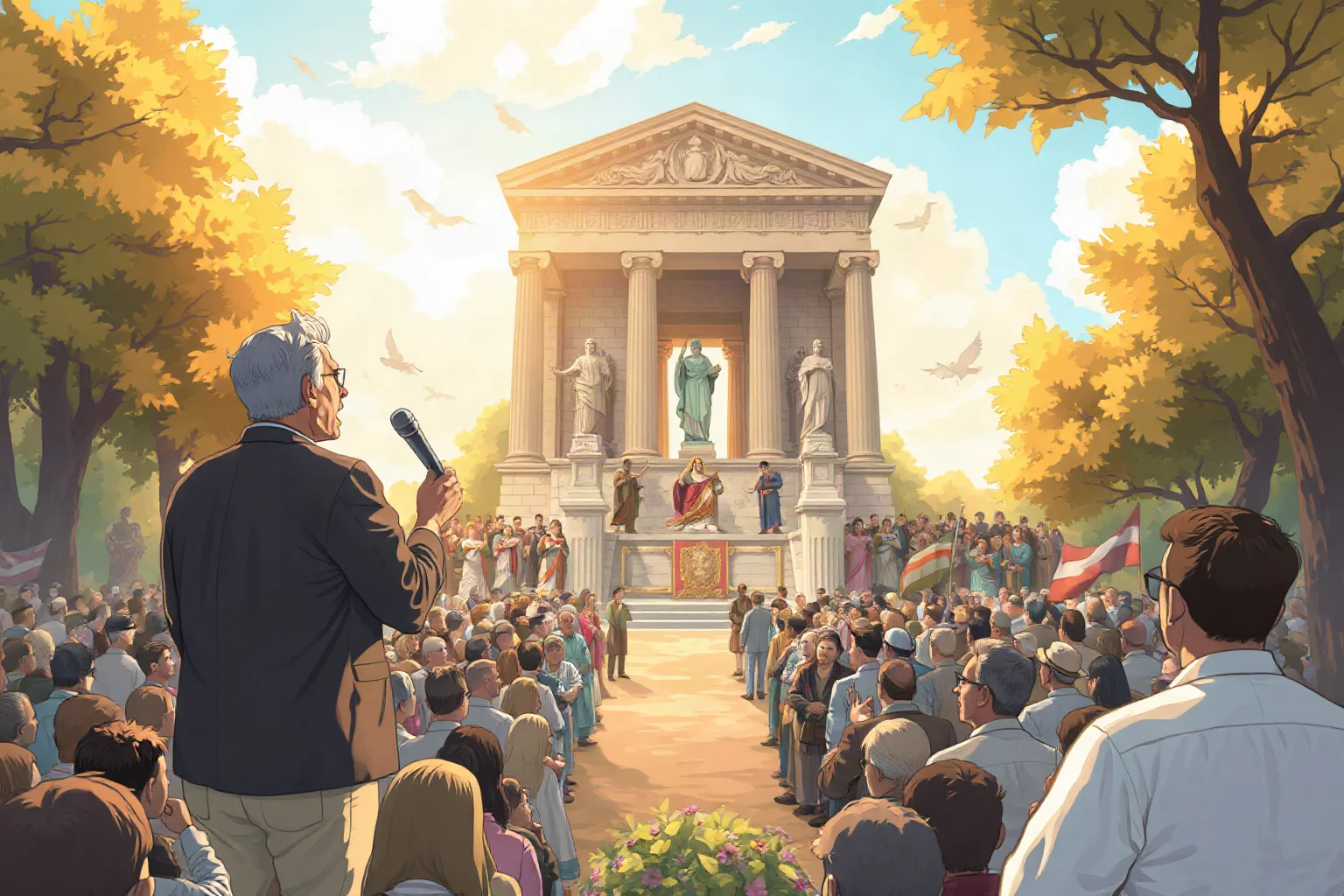 Illustration of a preacher speaking passionately before a massive outdoor crowd near a grand stone monument