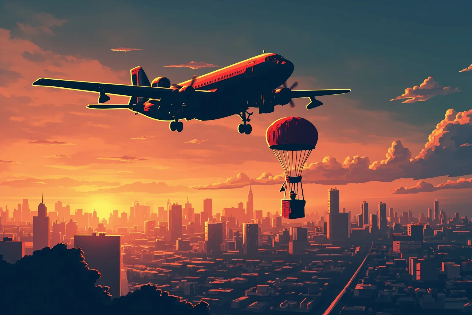 22 Historical Events That Will Restore Your Faith In Humanity 8 Illustration of a propeller cargo plane flying over a divided city skyline at dusk, dropping supply crates by parachute