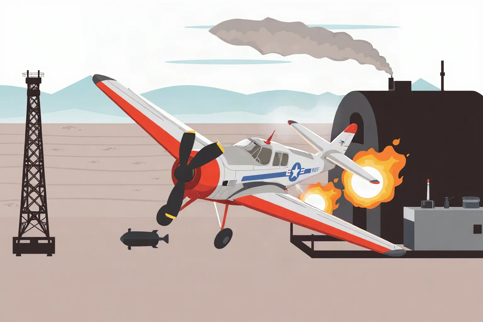 Illustration of a propeller fighter plane bombing an oil depot, stylized not graphic