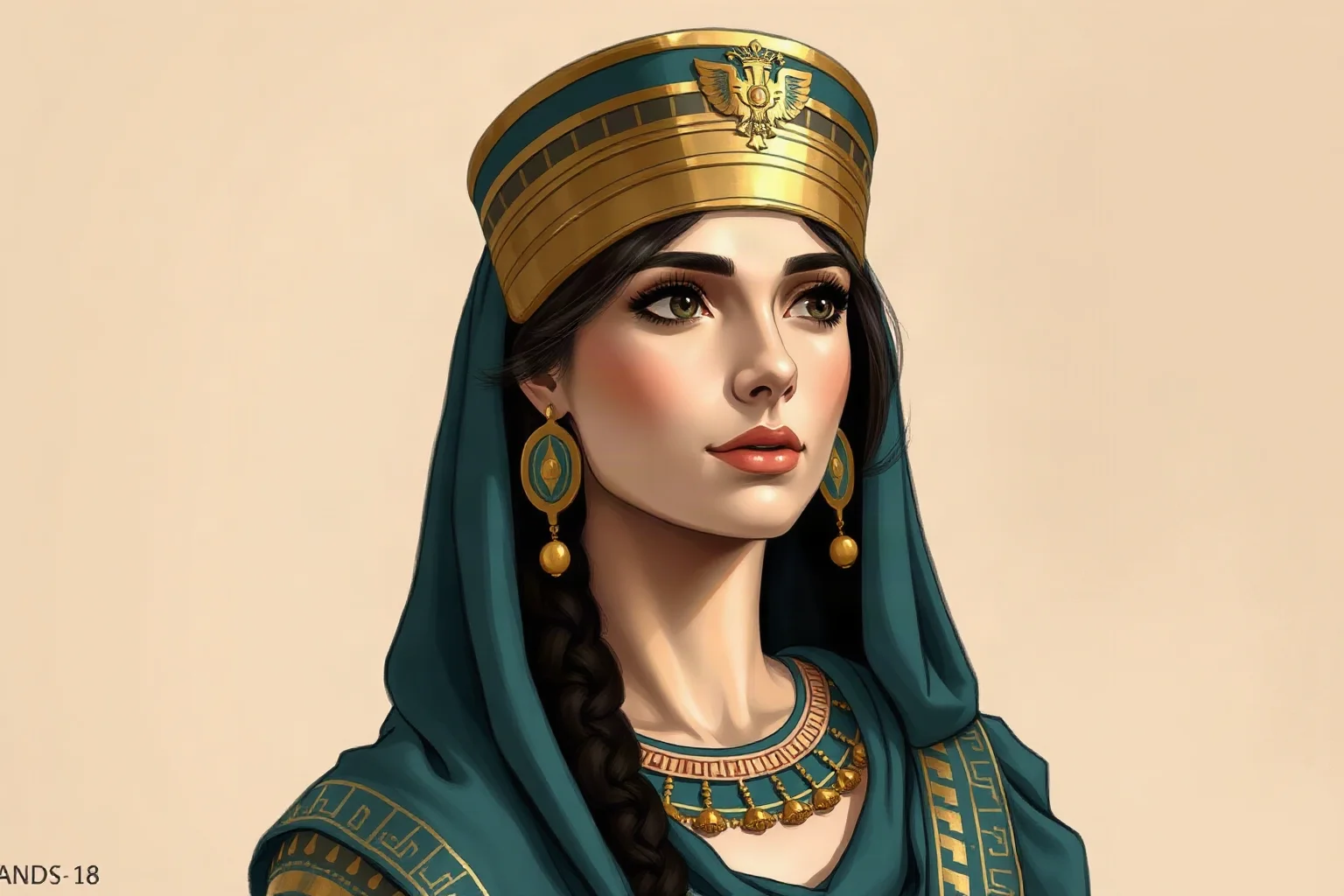 Illustration of a Ptolemaic-era Egyptian queen in Greek-influenced royal dress and headdress, generic non-portrait style