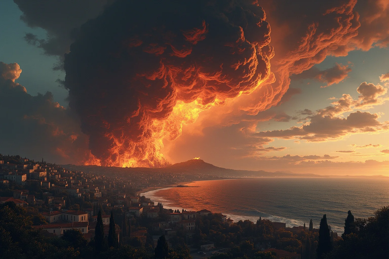Illustration of a pyroclastic ash cloud rolling toward a Roman coastal town at dusk