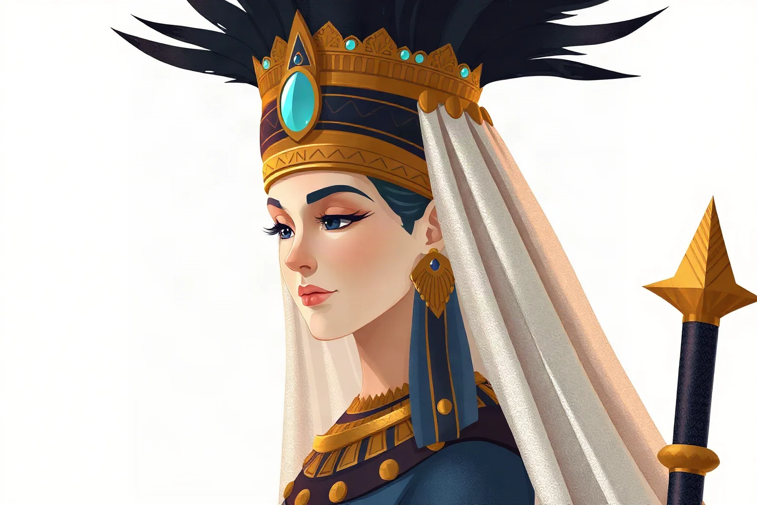 Illustration of a queen dressed as the goddess Isis with traditional headdress and religious regalia, non-photorealistic