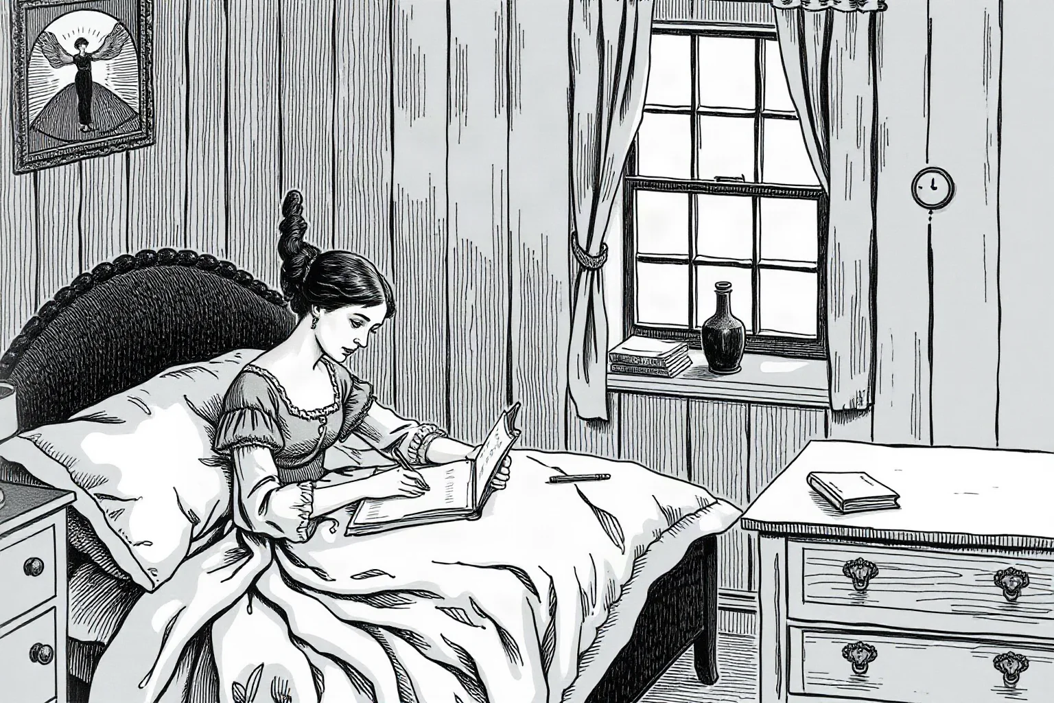 Illustration of a quiet 19th-century American woman poet writing alone in a small bedroom by a window