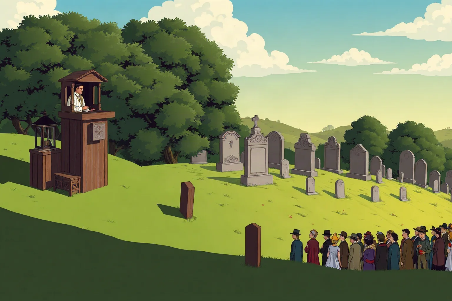 Illustration of a quiet 19th-century cemetery hillside with a wooden speaker's platform and gathered crowd