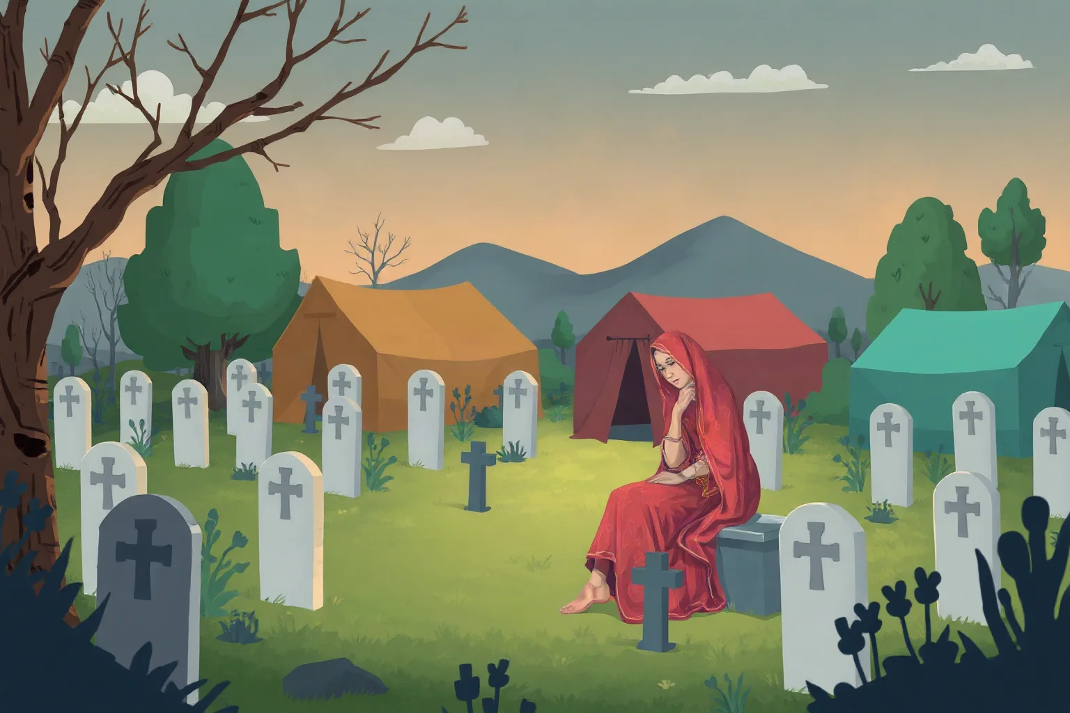 Illustration of a quiet cemetery and displaced families' makeshift camp, respectful tone