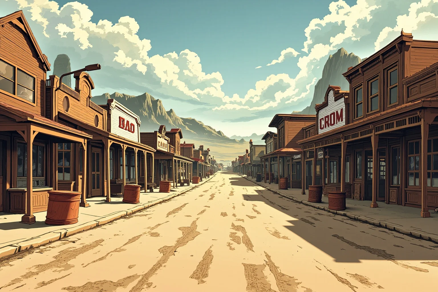 Illustration of a quiet, dusty frontier town main street at midday with wooden storefronts and no visible violence