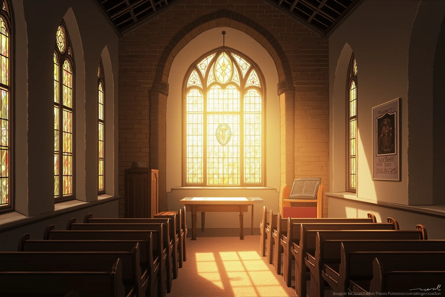 Illustration of a quiet English country church interior with soft light through stained glass