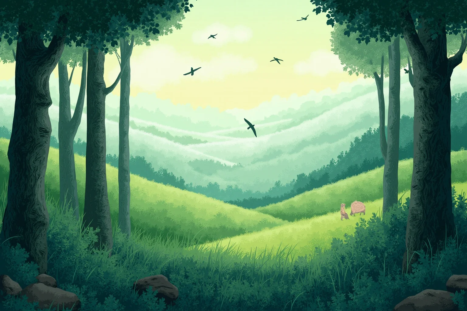 Illustration of a quiet forest with birds and a faint chemical mist drifting over green fields