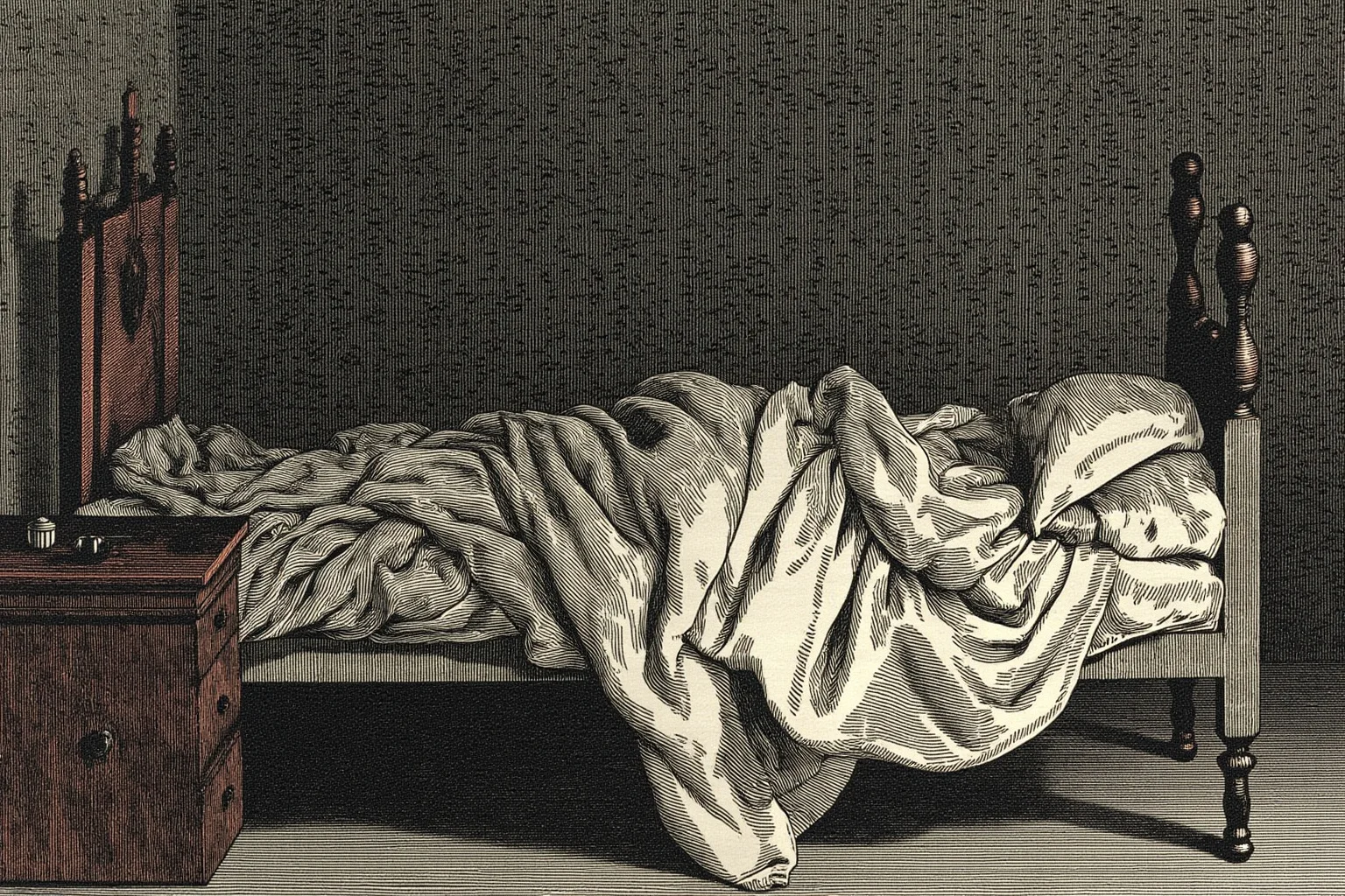 Lord Byron and Lady Caroline Lamb: History's Messiest Love Story 19 Illustration of a quiet Regency-era bedroom deathbed scene, softly lit, respectful and non-graphic