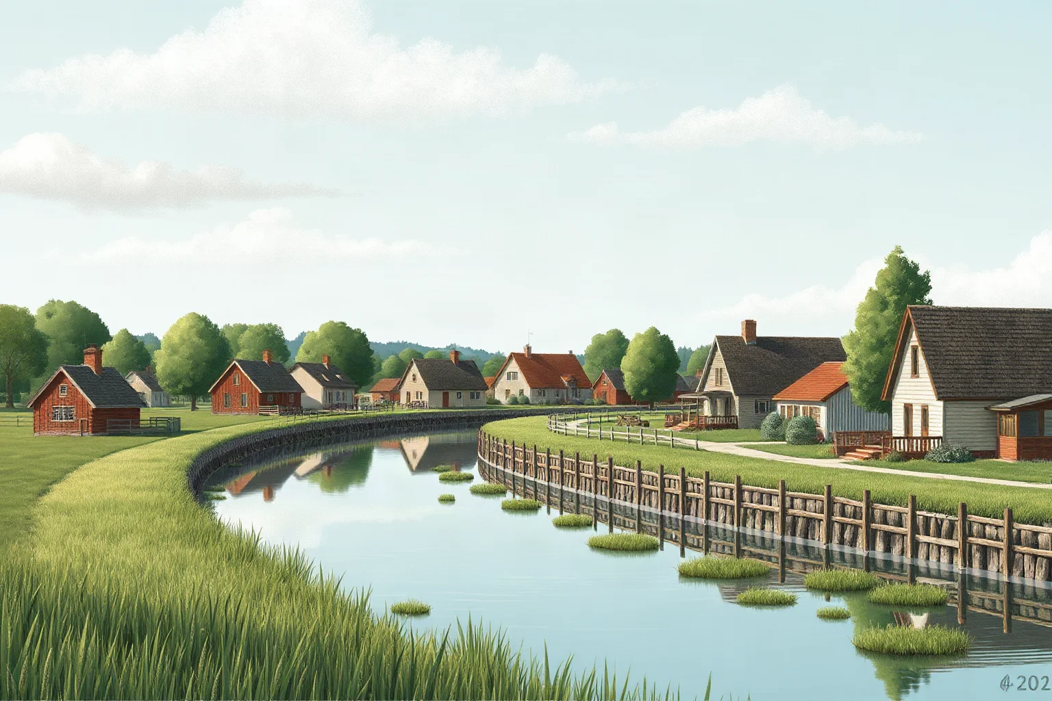 Illustration of a rebuilt rural village with new levees under a calmer sky