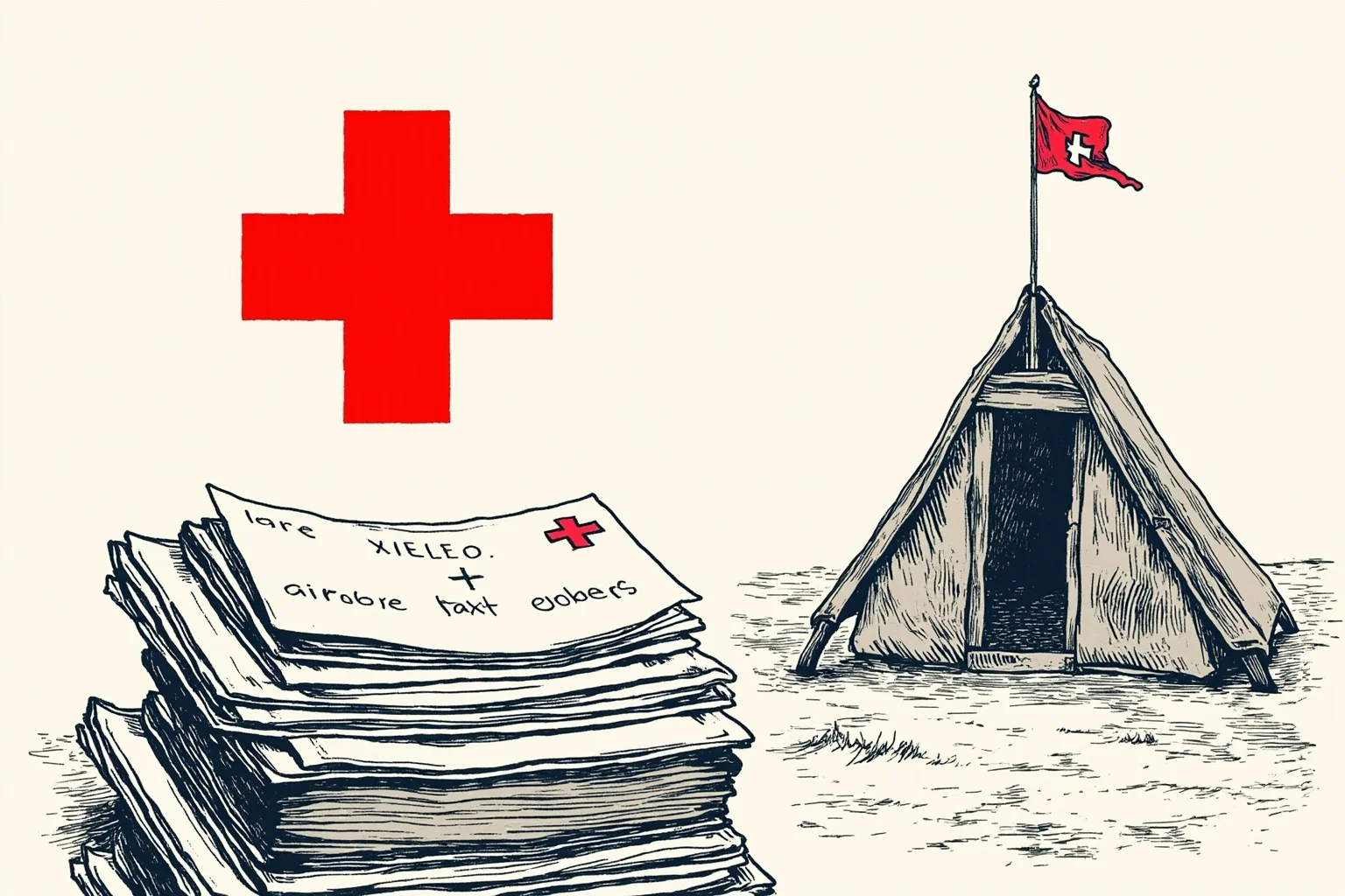 Illustration of a red cross humanitarian symbol above a stack of signed treaty documents, wartime medical tent in background