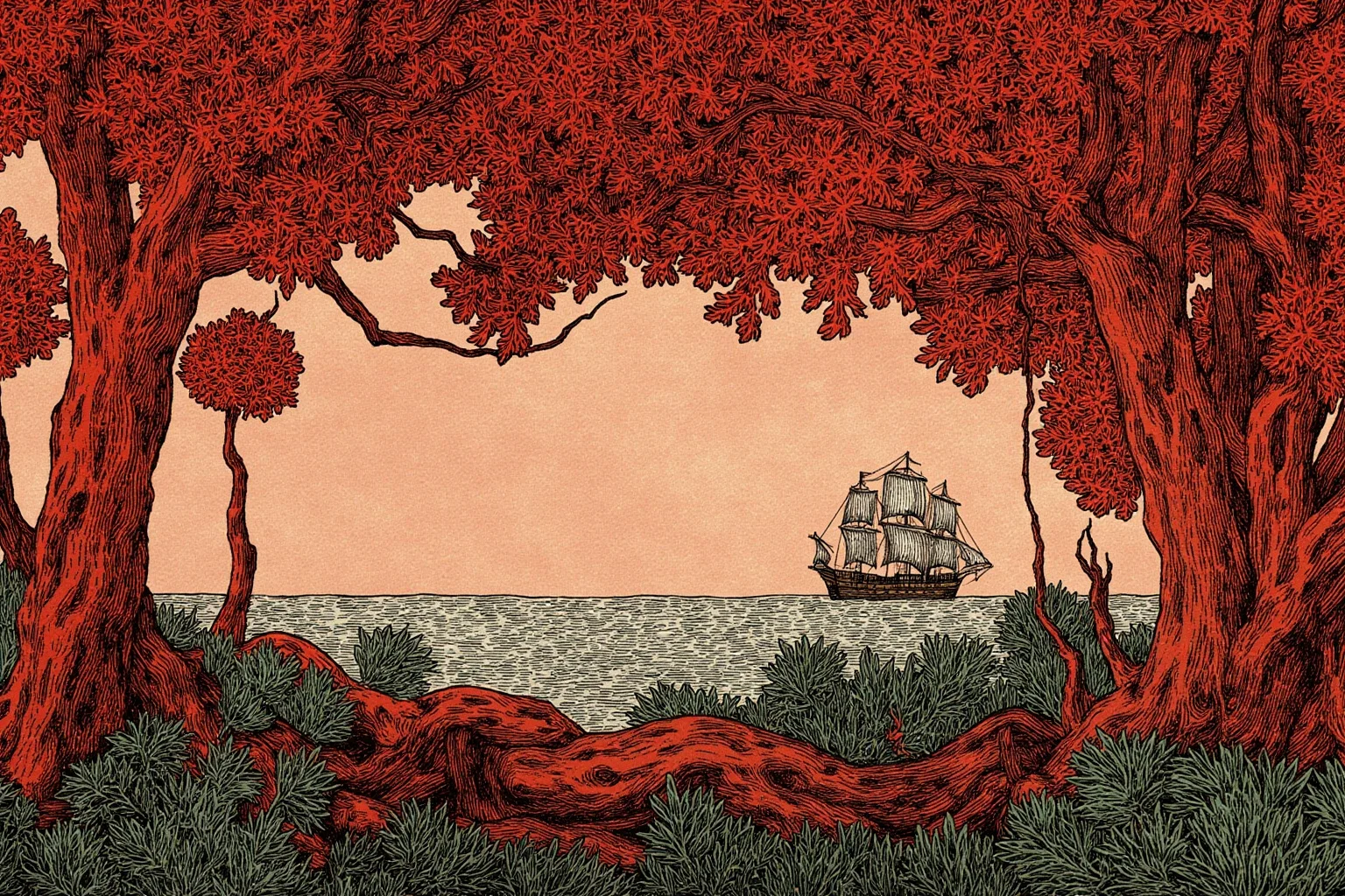 Illustration of a red-hued brazilwood tree forest with a colonial trading ship offshore