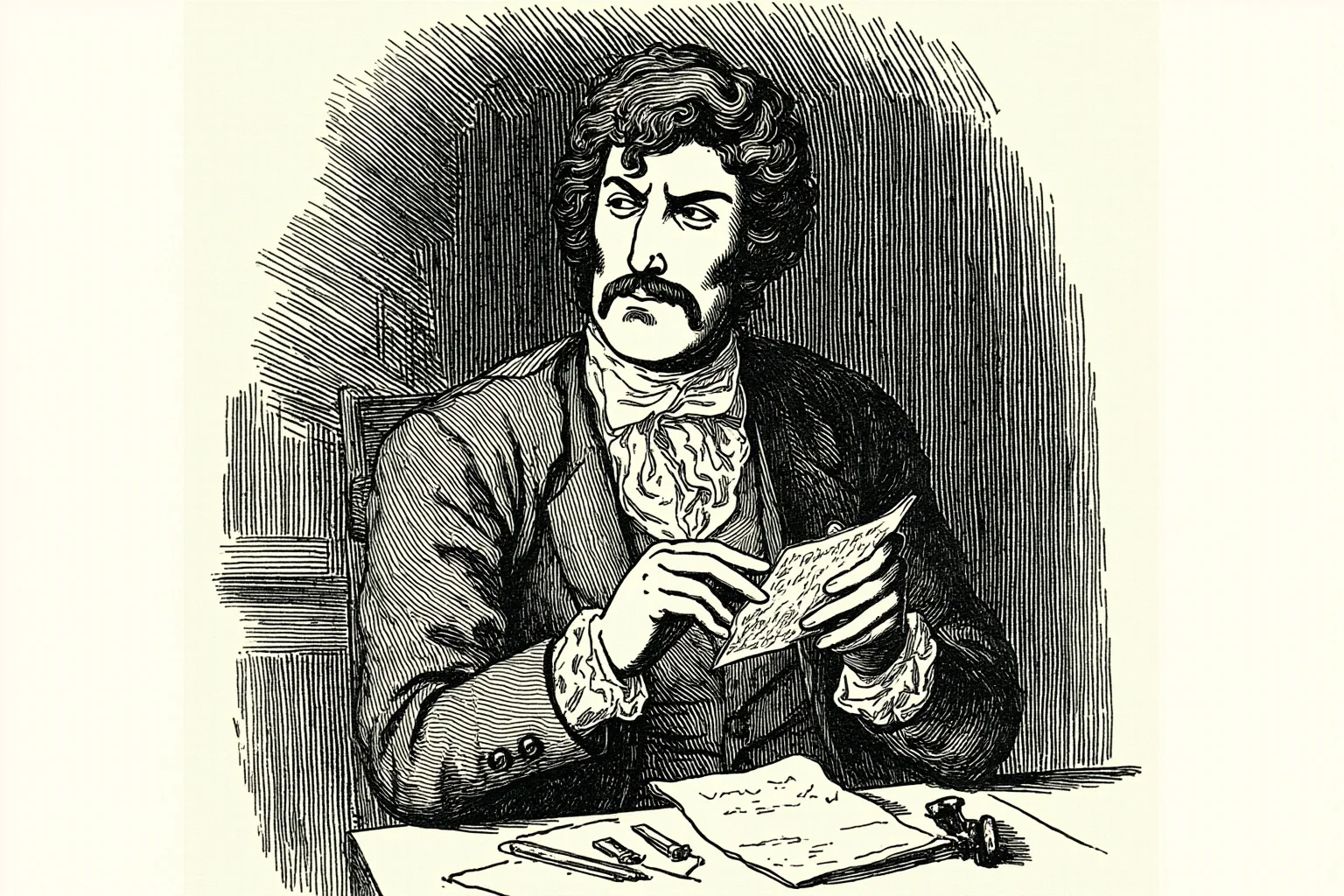 Lord Byron and Lady Caroline Lamb: History's Messiest Love Story 14 Illustration of a Regency-era gentleman reading a letter with a wry, unreadable expression, seated in a study